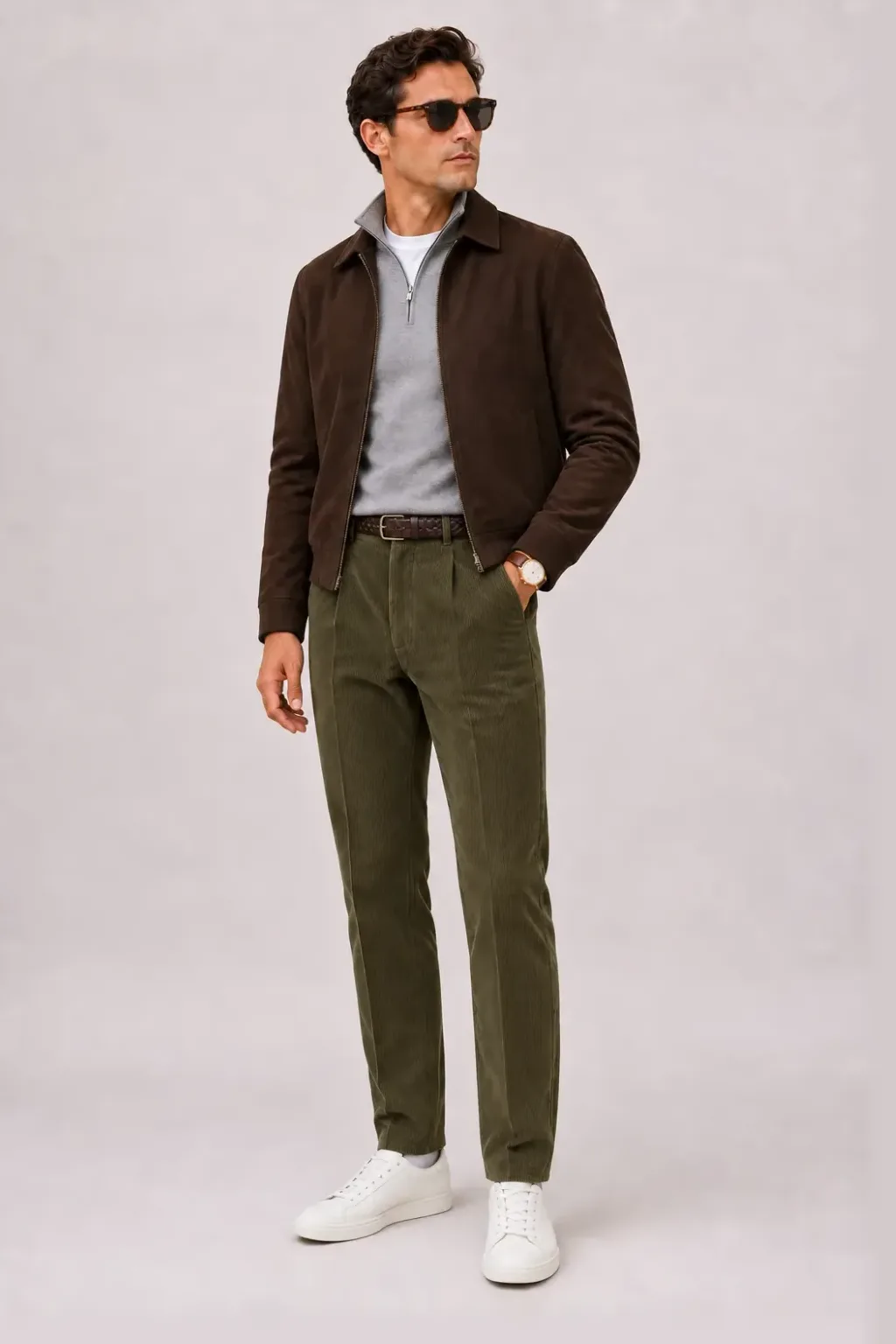 Wildlederjacke Schokobraun über Half-Zip Pullover Feinstrick, dazu Cordhose Oliv und Chelsea Boot Wildleder