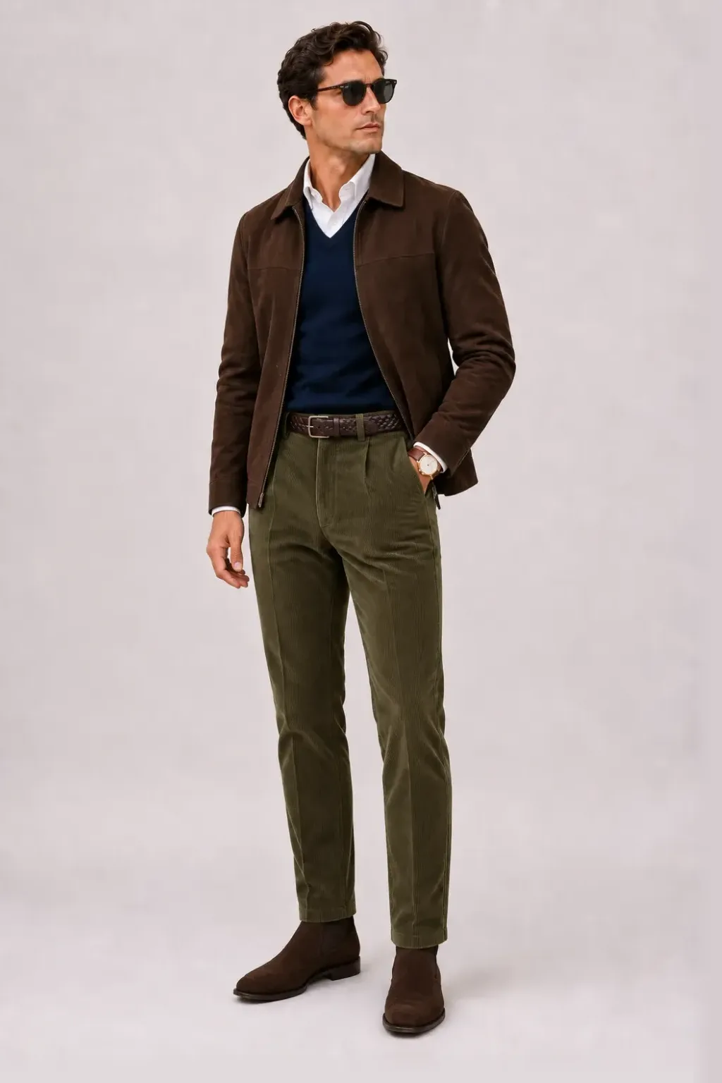 Wildlederjacke Schokobraun über V-Neck-Pullover Feinstrick Navy und Button-Down-Hemd Weiss, dazu Cordhose Oliv und Chelsea Boot Wildleder