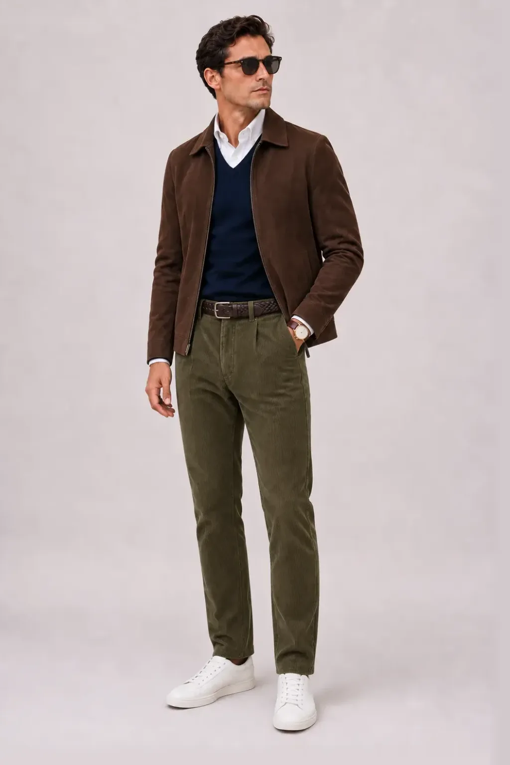 Wildlederjacke Schokobraun über V-Neck-Pullover Feinstrick Navy und Button-Down-Hemd Weiss, dazu Cordhose Oliv und Chelsea Boot Wildleder
