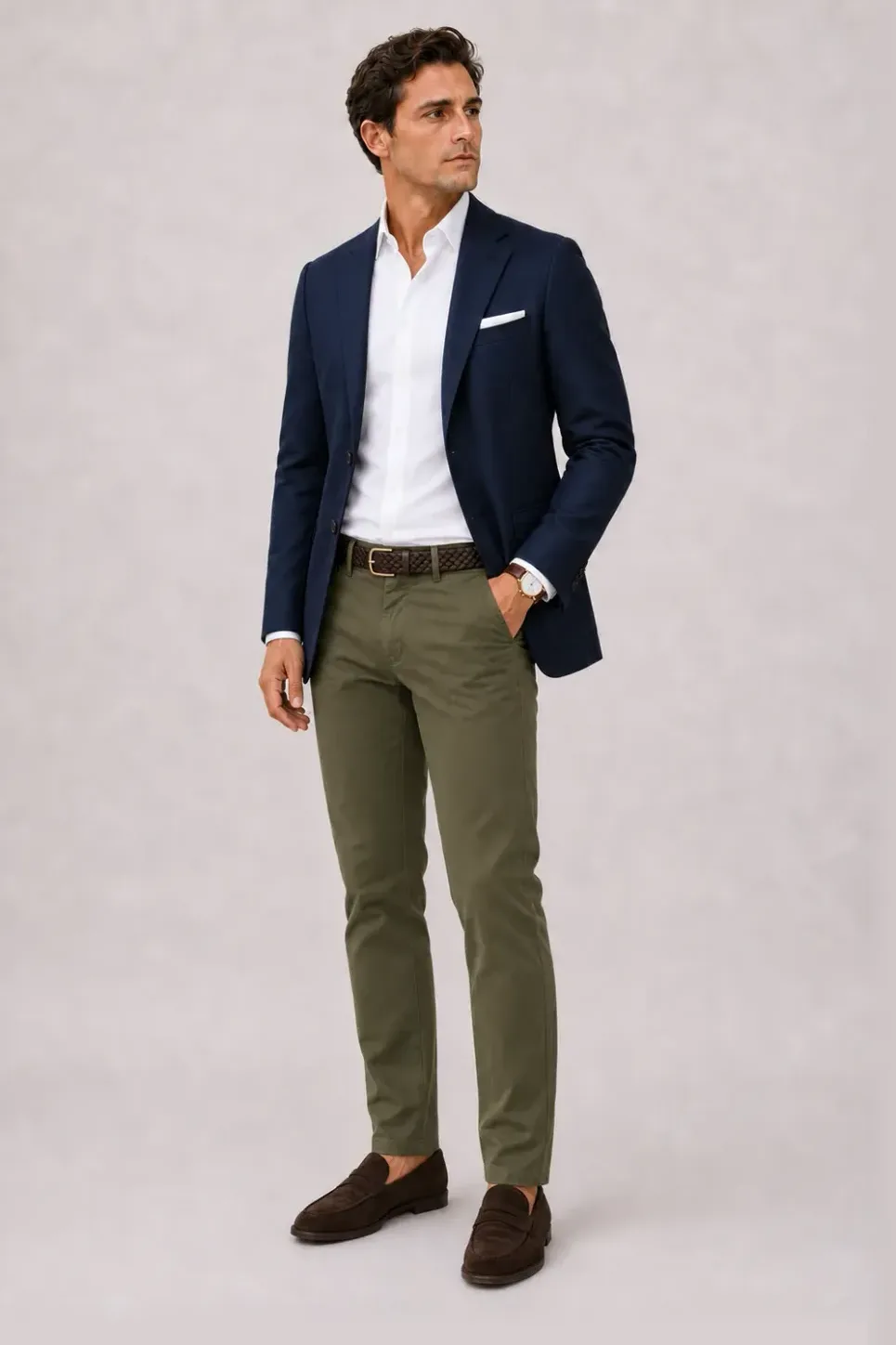 Sakko Navy über Button-Down-Hemd, dazu Chino Oliv und Penny Loafer Wildleder