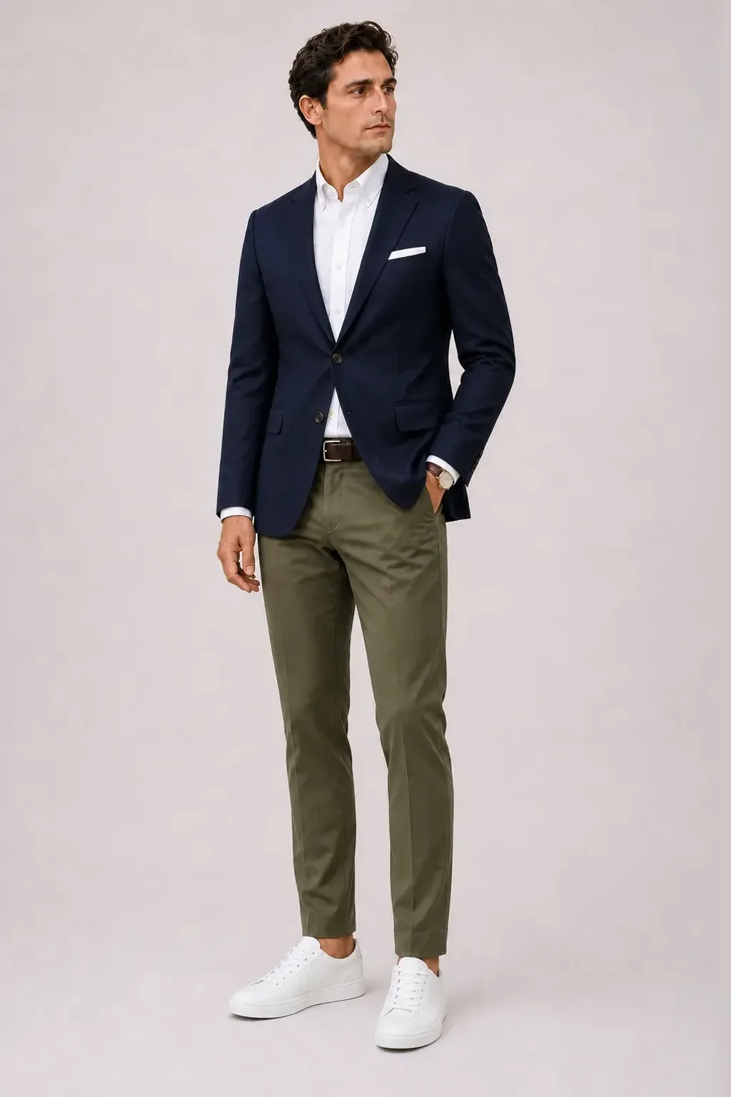 Sakko Navy über Button-Down-Hemd, dazu Chino Oliv und Penny Loafer Wildleder