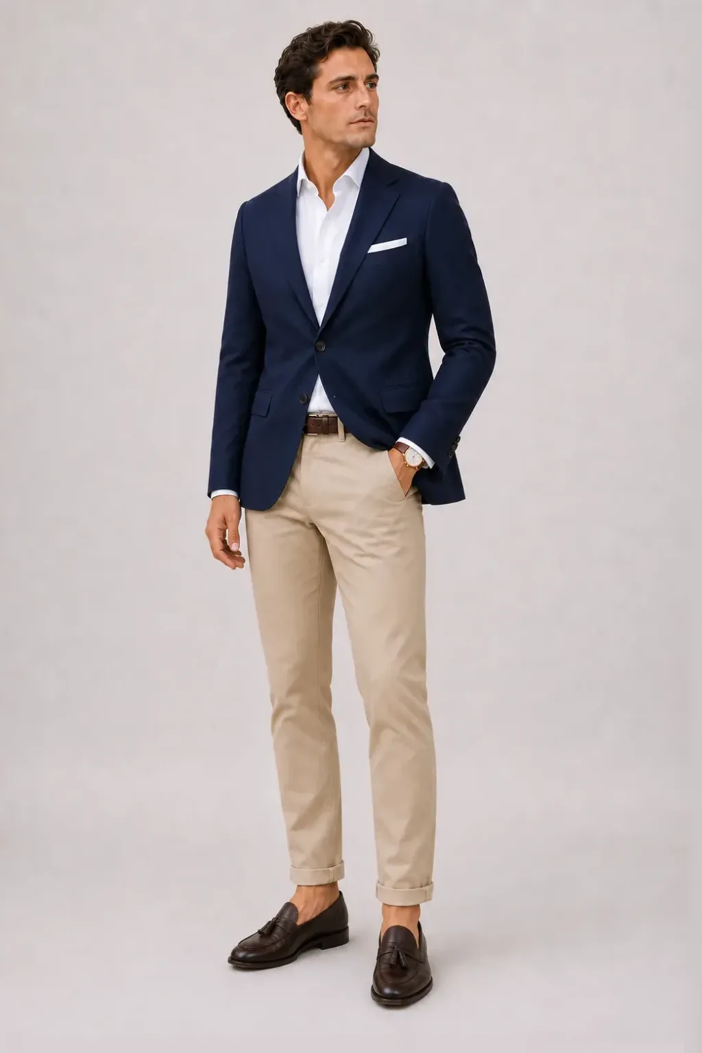 Sakko Navy über Button-Down-Hemd, dazu Chino Beige und Tassel Loafer