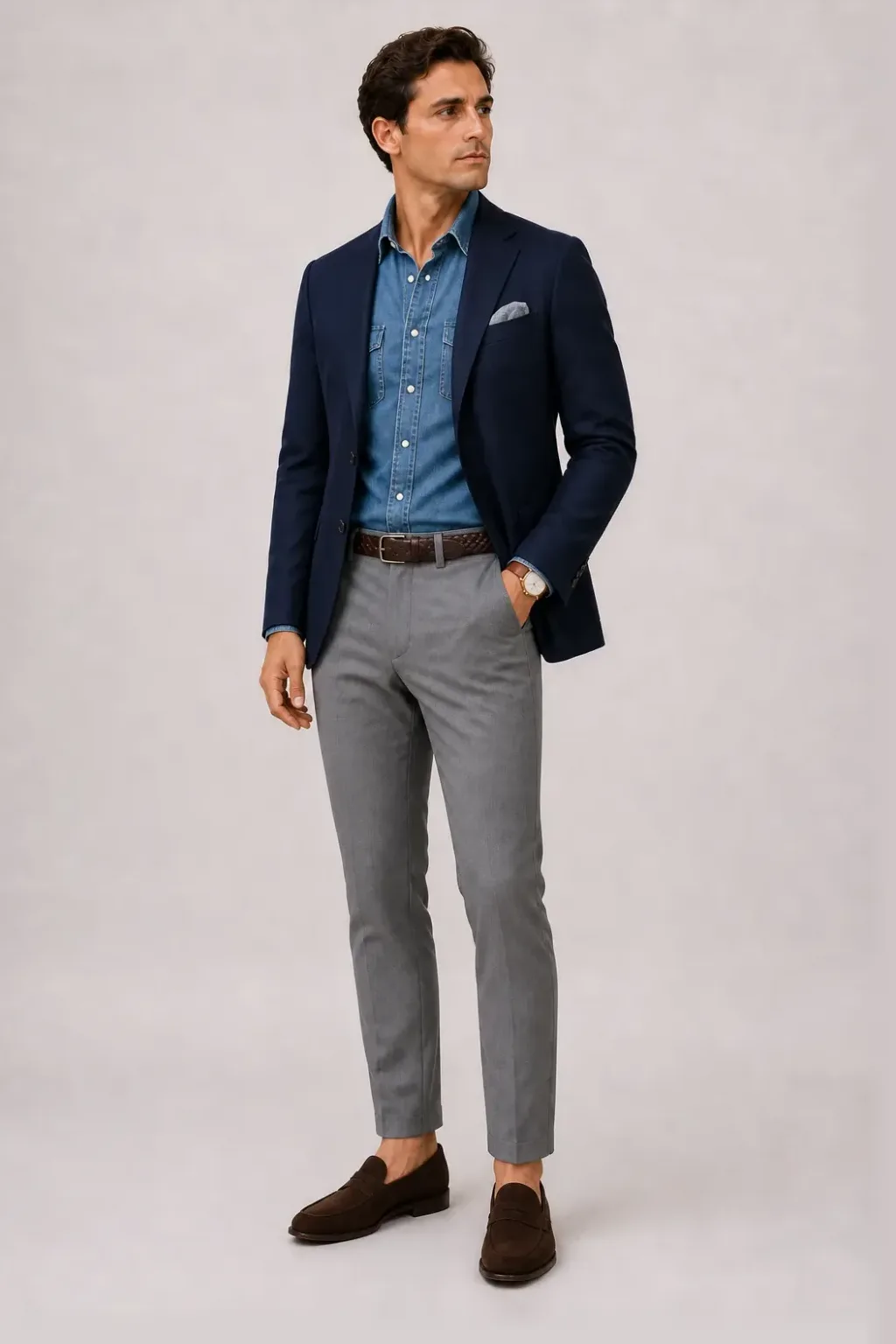 Sakko Navy über Denim-Hemd, dazu Anzughose Wolle Mittelgrau und Penny Loafer Wildleder