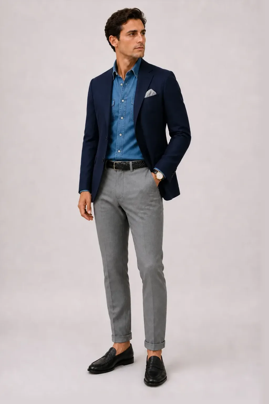 Sakko Navy über Denim-Hemd, dazu Anzughose Wolle Mittelgrau und Penny Loafer Wildleder