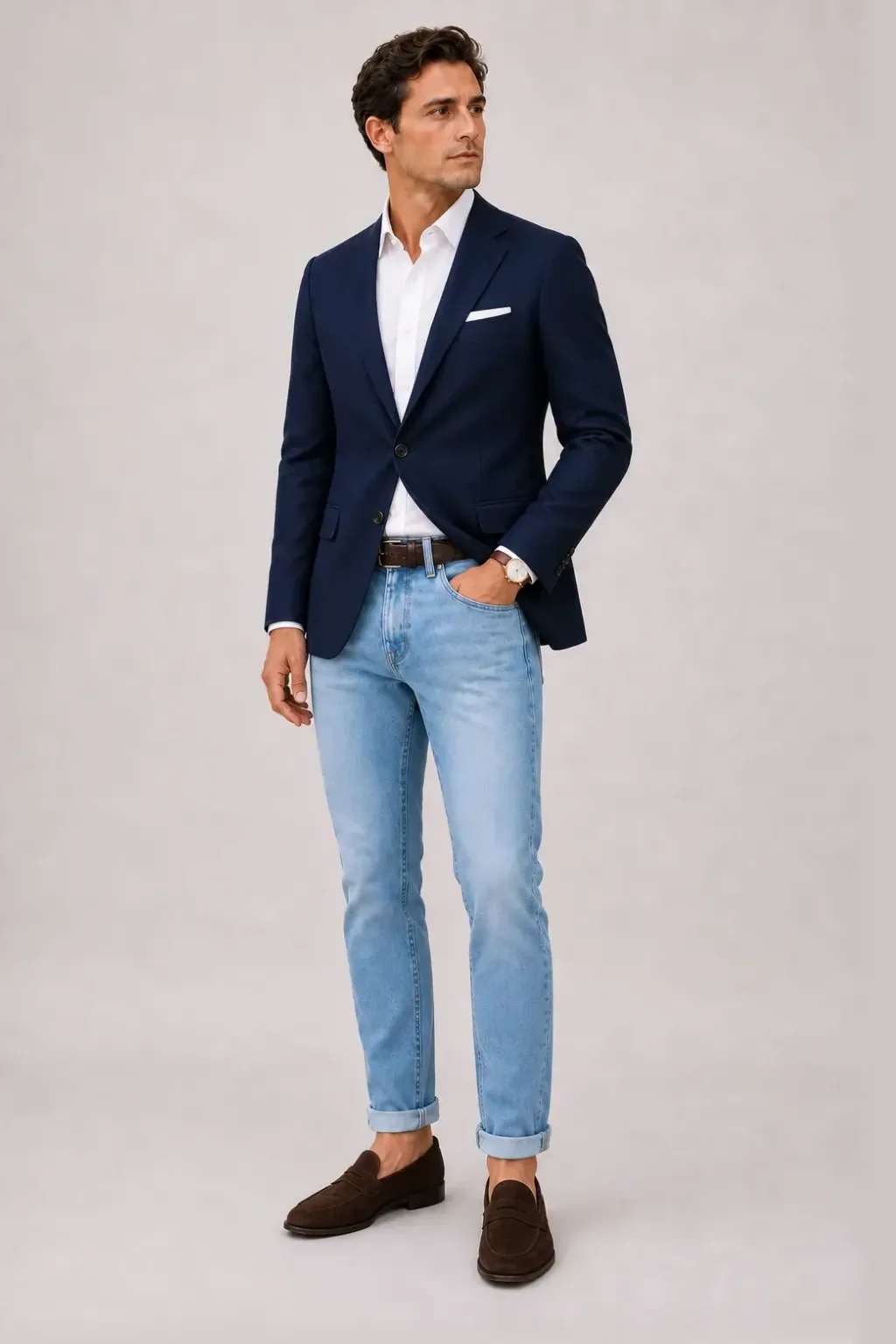 Sakko Navy über Button-Down-Hemd, dazu Chino Oliv und Penny Loafer Wildleder — Jeans Hellblau