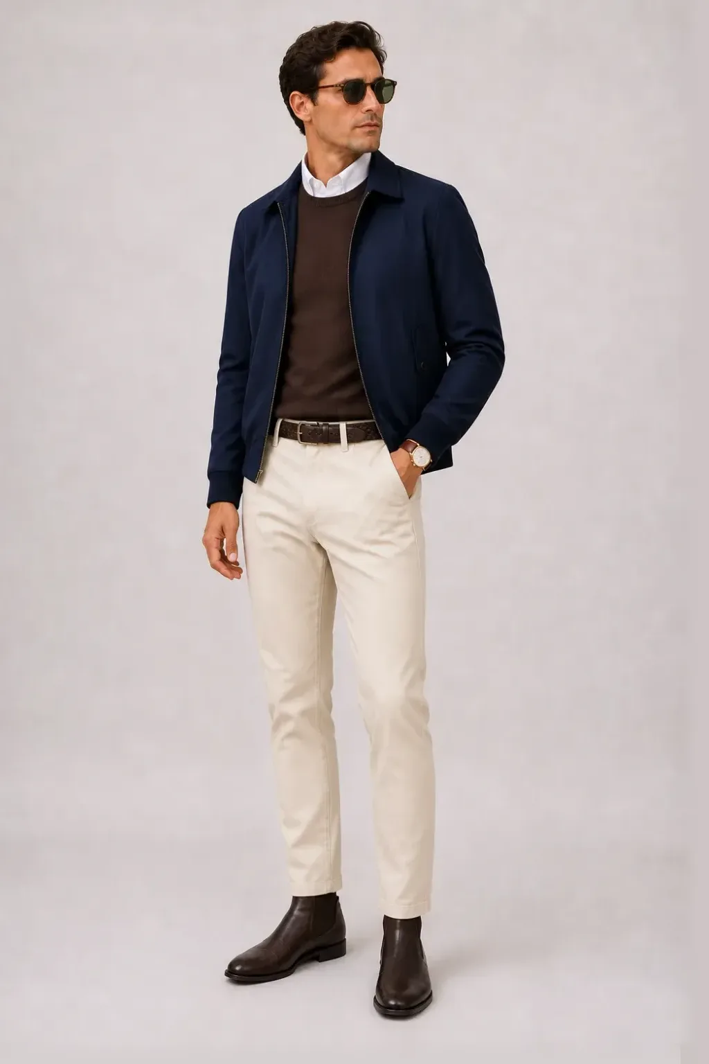 Harrington Blouson Navy über Button-Down-Hemd Hellblau und T-Shirt Weiss, dazu Chino Creme und Chelsea Boot — Crewneck-Pullover Feinstrick Schokobraun