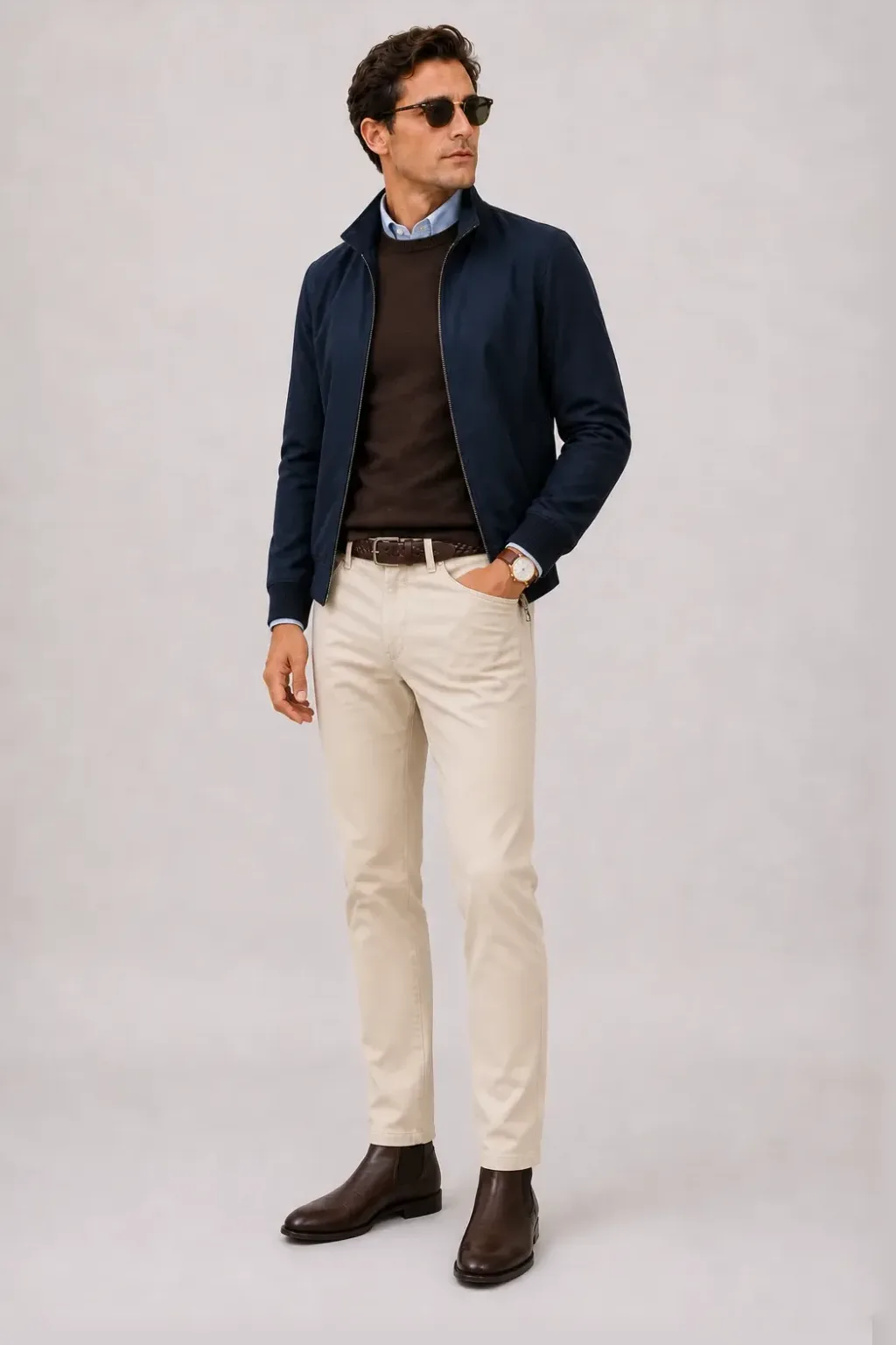 Harrington Blouson Navy über Crewneck-Pullover Feinstrick Schokobraun und Button-Down-Hemd Weiss, dazu Chino Creme und Chelsea Boot — Button-Down-Hemd Hellblau