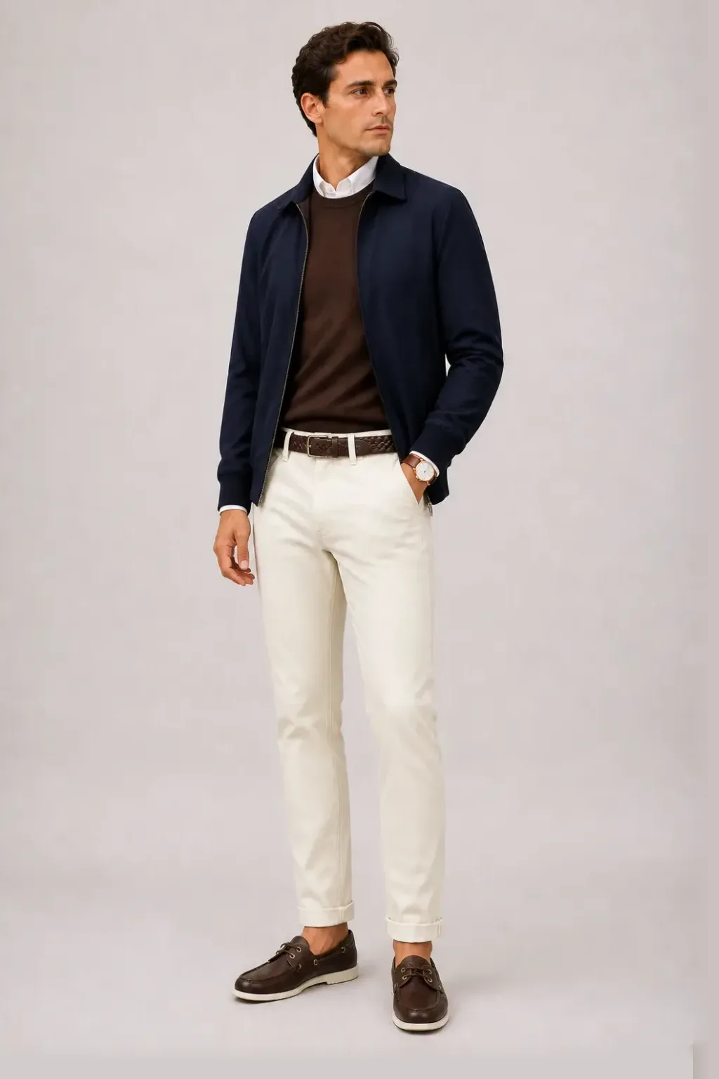 Harrington Blouson Navy über Crewneck-Pullover Feinstrick Schokobraun und Button-Down-Hemd Weiss, dazu Chino Creme und Chelsea Boot