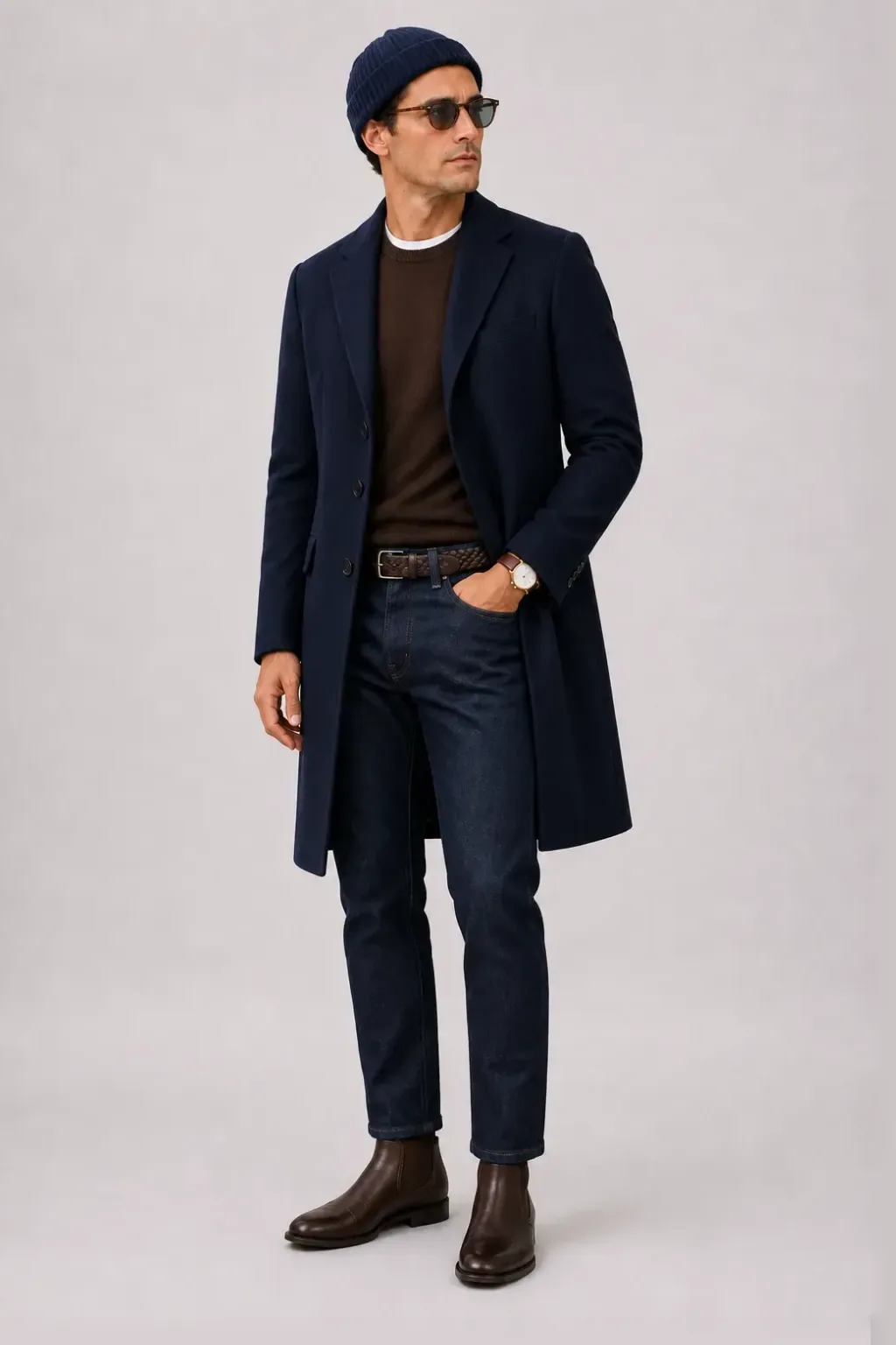 Langer Mantel Navy über T-Shirt Oliv, dazu Jeans Navy und Chelsea Boot — Crewneck-Pullover Feinstrick Schokobraun