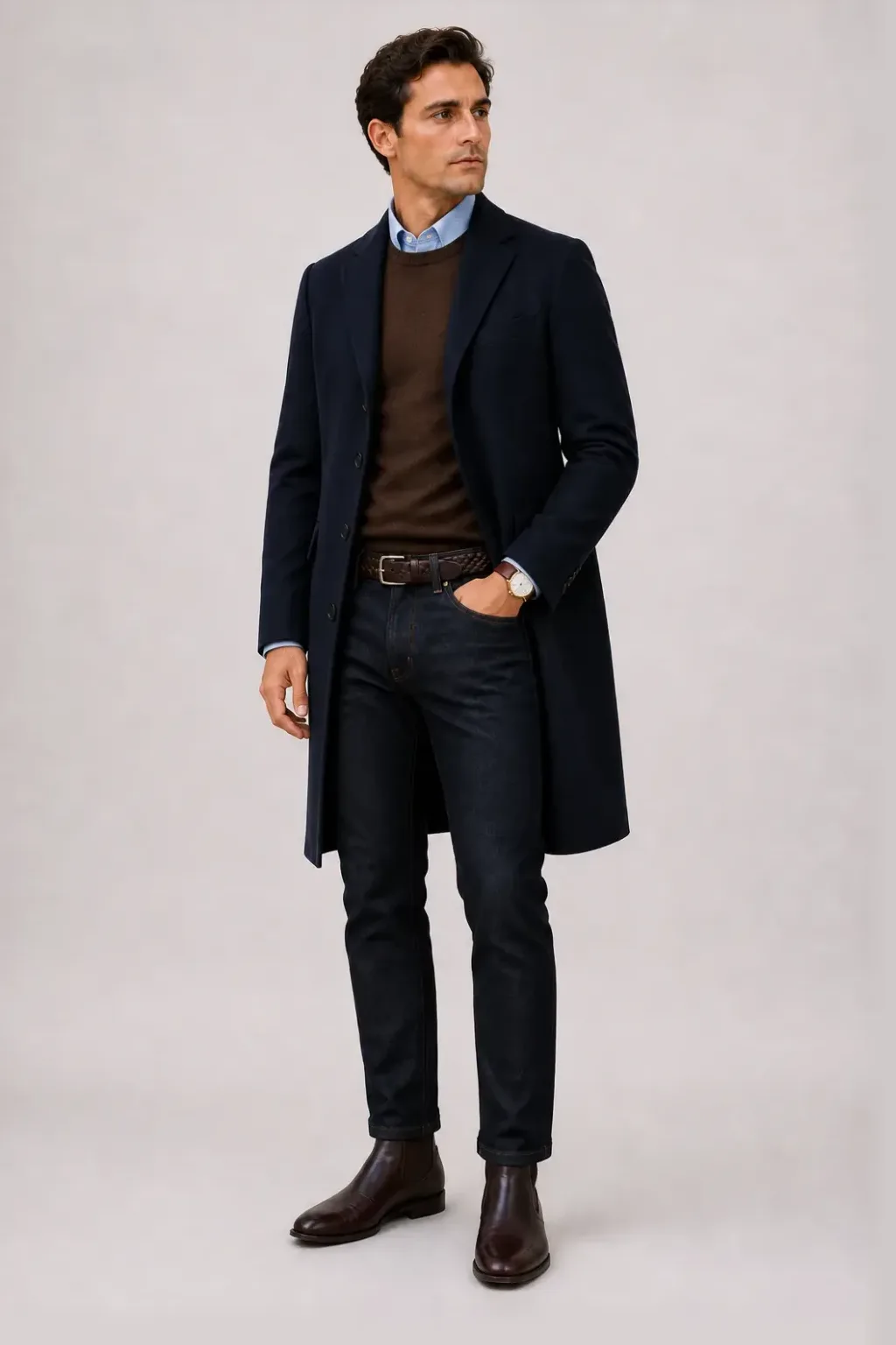 Langer Mantel Navy über Crewneck-Pullover Feinstrick Schokobraun und T-Shirt Weiss, dazu Jeans Navy und Chelsea Boot — Button-Down-Hemd Hellblau