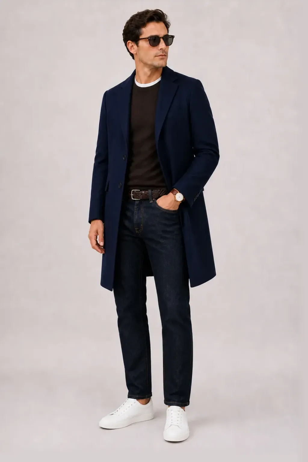 Langer Mantel Navy über Crewneck-Pullover Feinstrick Schokobraun und T-Shirt Weiss, dazu Jeans Navy und Chelsea Boot