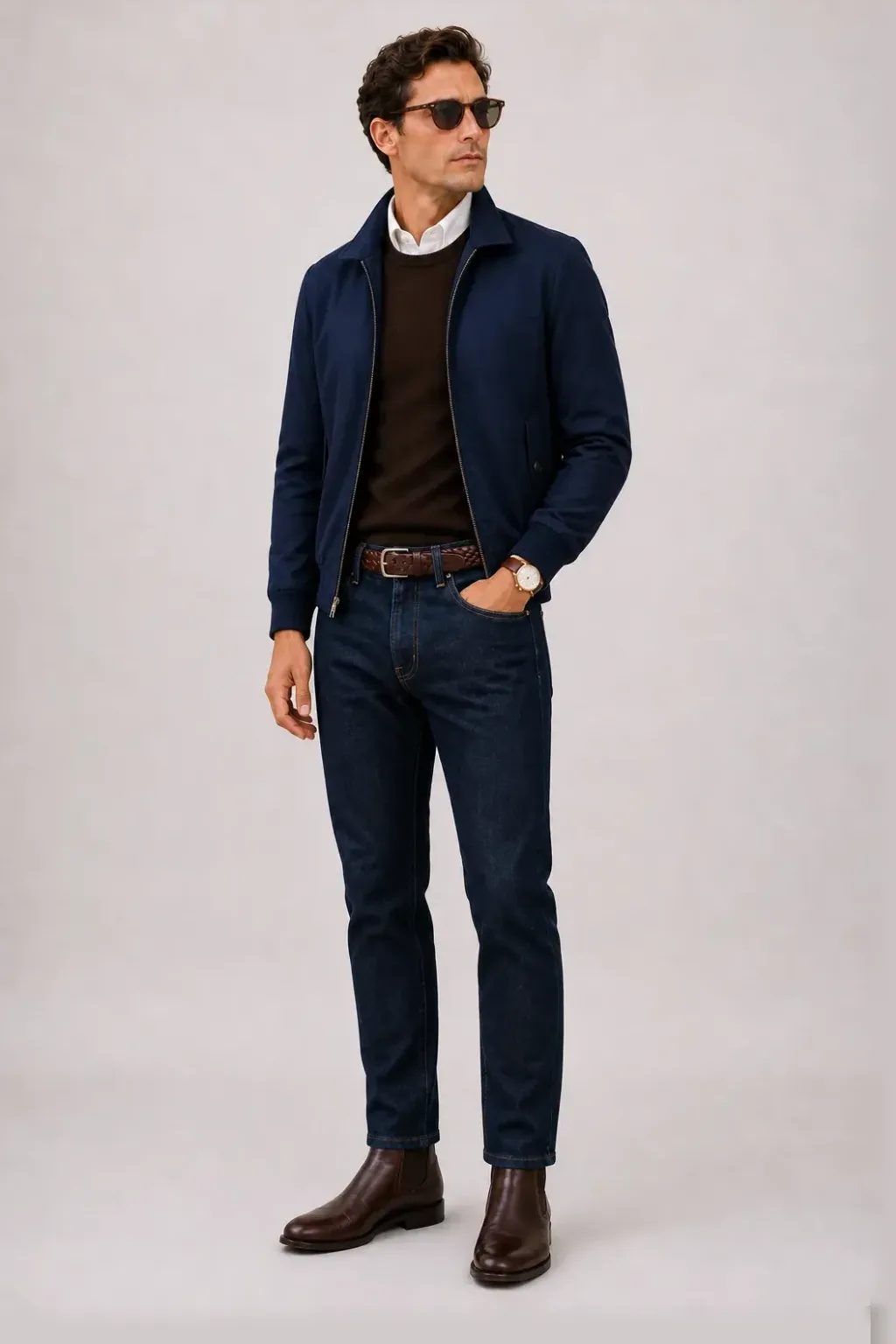 Harrington Blouson Navy über T-Shirt, dazu Jeans Navy und Chelsea Boot — Crewneck-Pullover Feinstrick Schokobraun