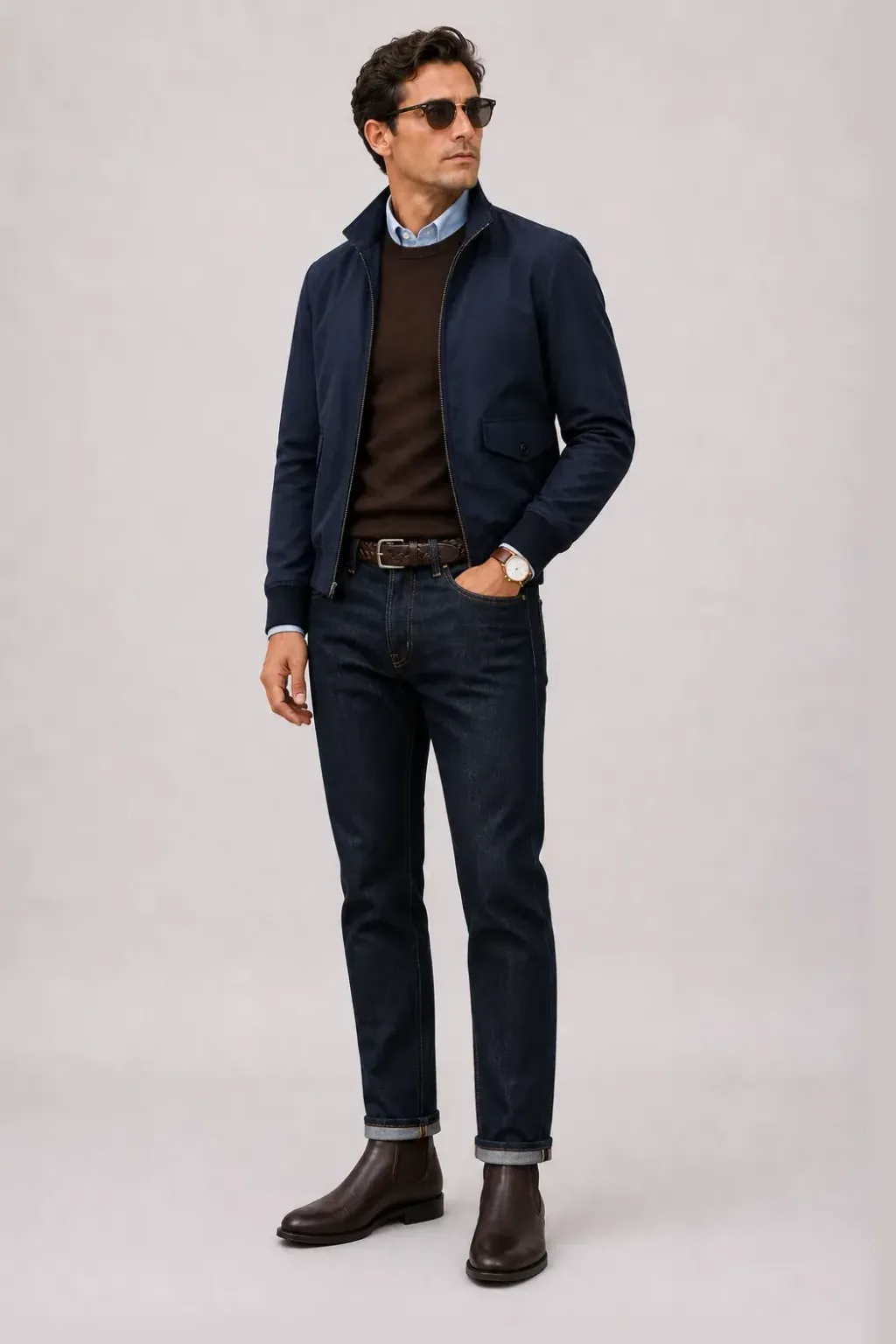 Harrington Blouson Navy über Crewneck-Pullover Feinstrick Schokobraun und Button-Down-Hemd Weiss, dazu Jeans Navy und Chelsea Boot — Button-Down-Hemd Hellblau