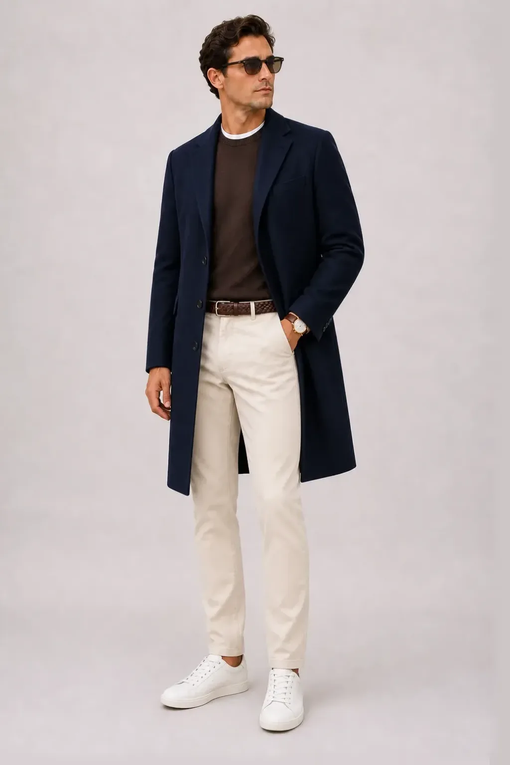 Langer Mantel Navy über T-Shirt, dazu Chino Creme und Sneaker — Crewneck-Pullover Feinstrick Schokobraun