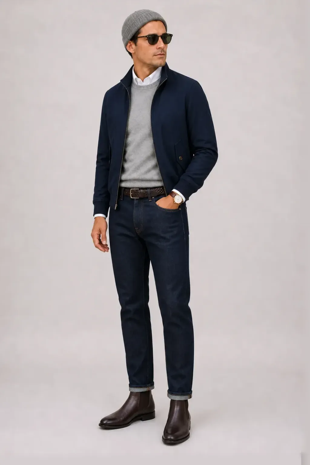 Harrington Blouson Navy über Crewneck-Pullover Feinstrick Hellgrau und Button-Down-Hemd Weiss, dazu Jeans Navy und Chelsea Boot