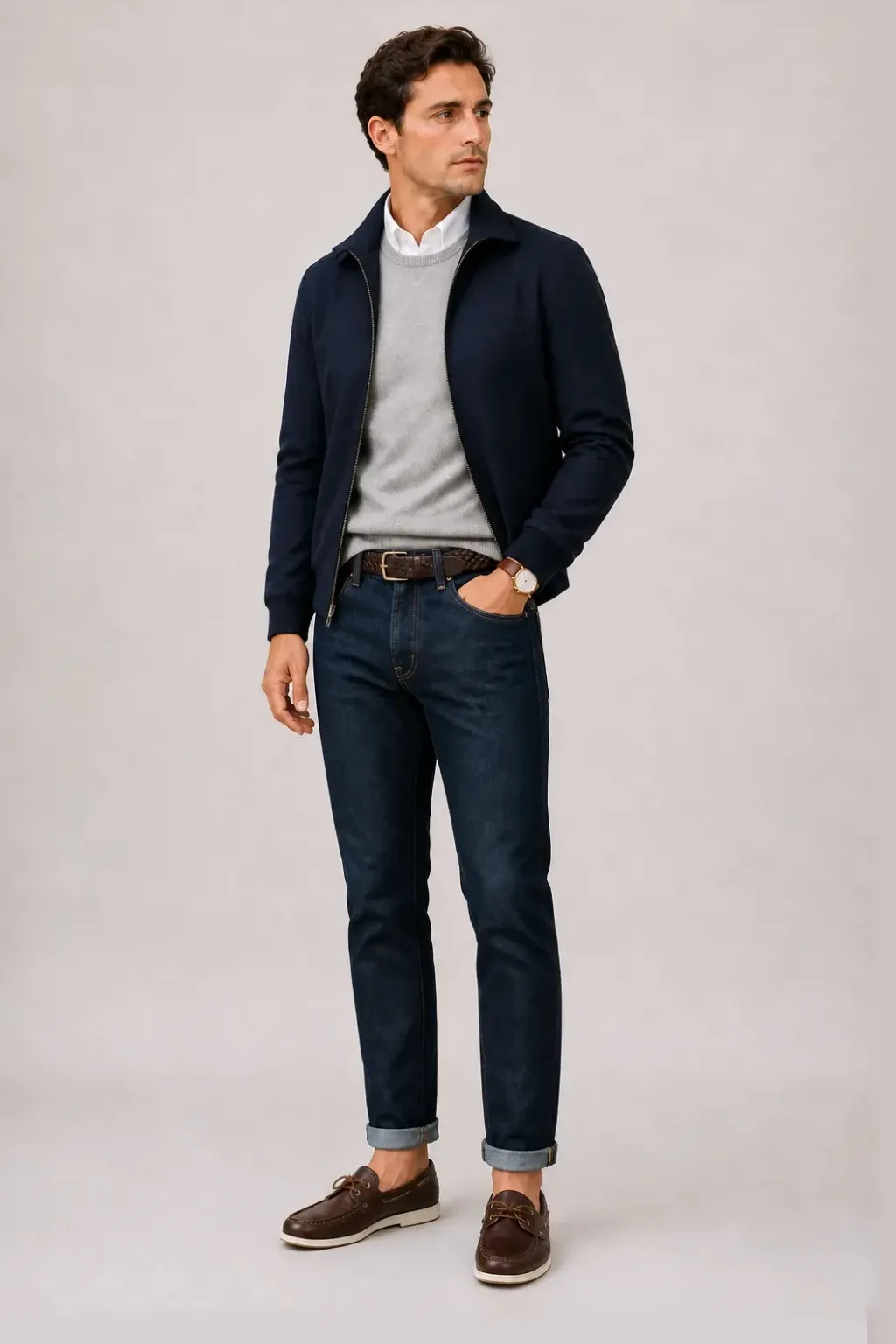 Harrington Blouson Navy über Crewneck-Pullover Feinstrick Hellgrau und Button-Down-Hemd Weiss, dazu Jeans Navy und Chelsea Boot