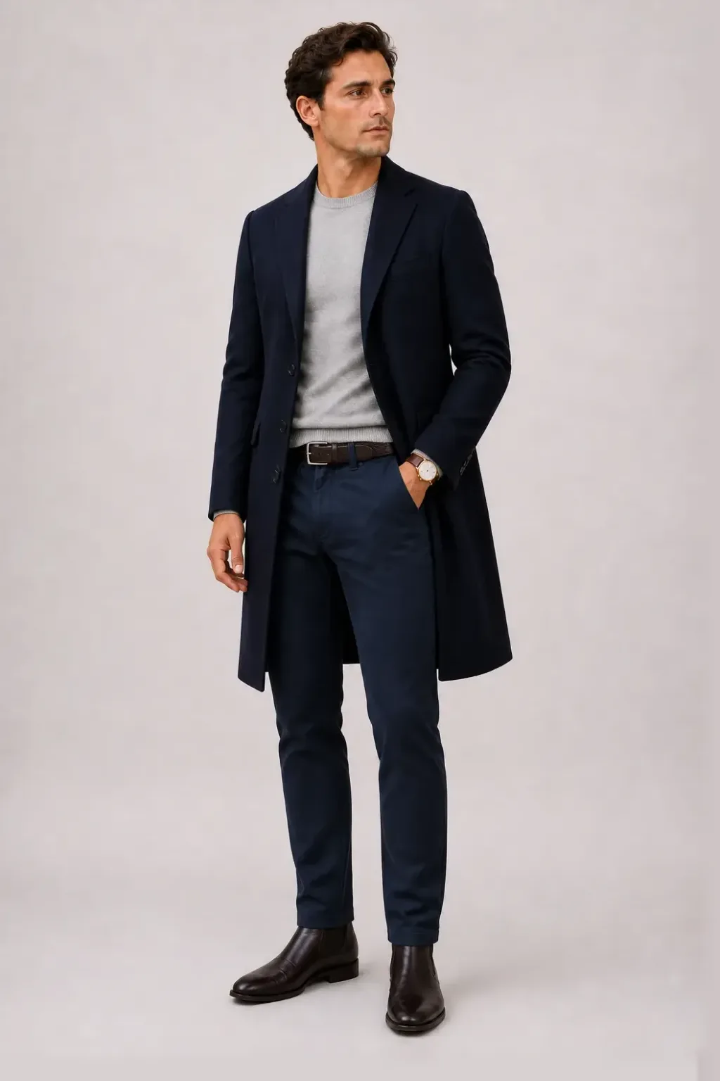 Langer Mantel Navy über Crewneck-Pullover Feinstrick Hellgrau, dazu Chino Navy und Chelsea Boot