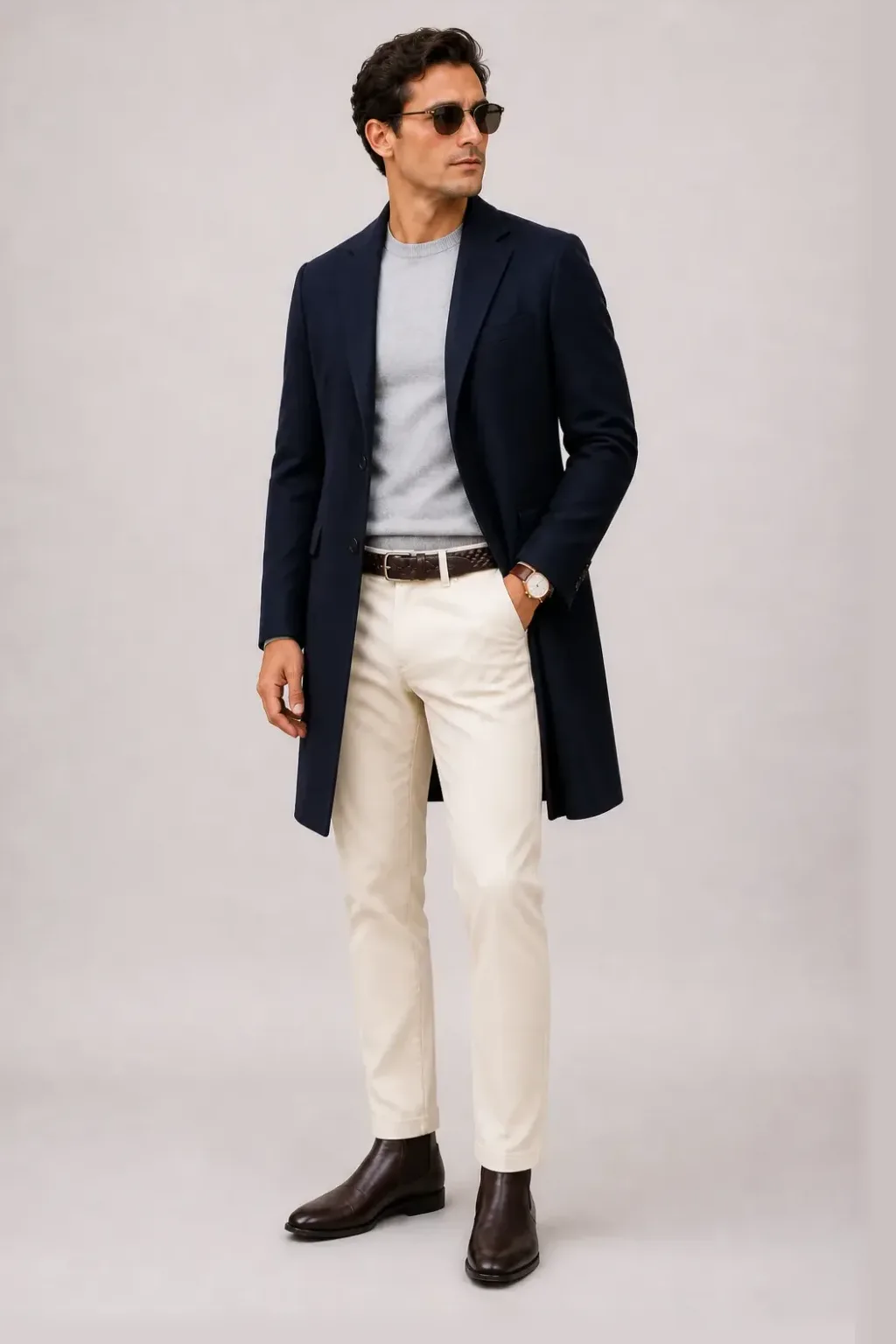Langer Mantel Navy über Crewneck-Pullover Feinstrick Hellgrau, dazu Chino Creme und Chelsea Boot
