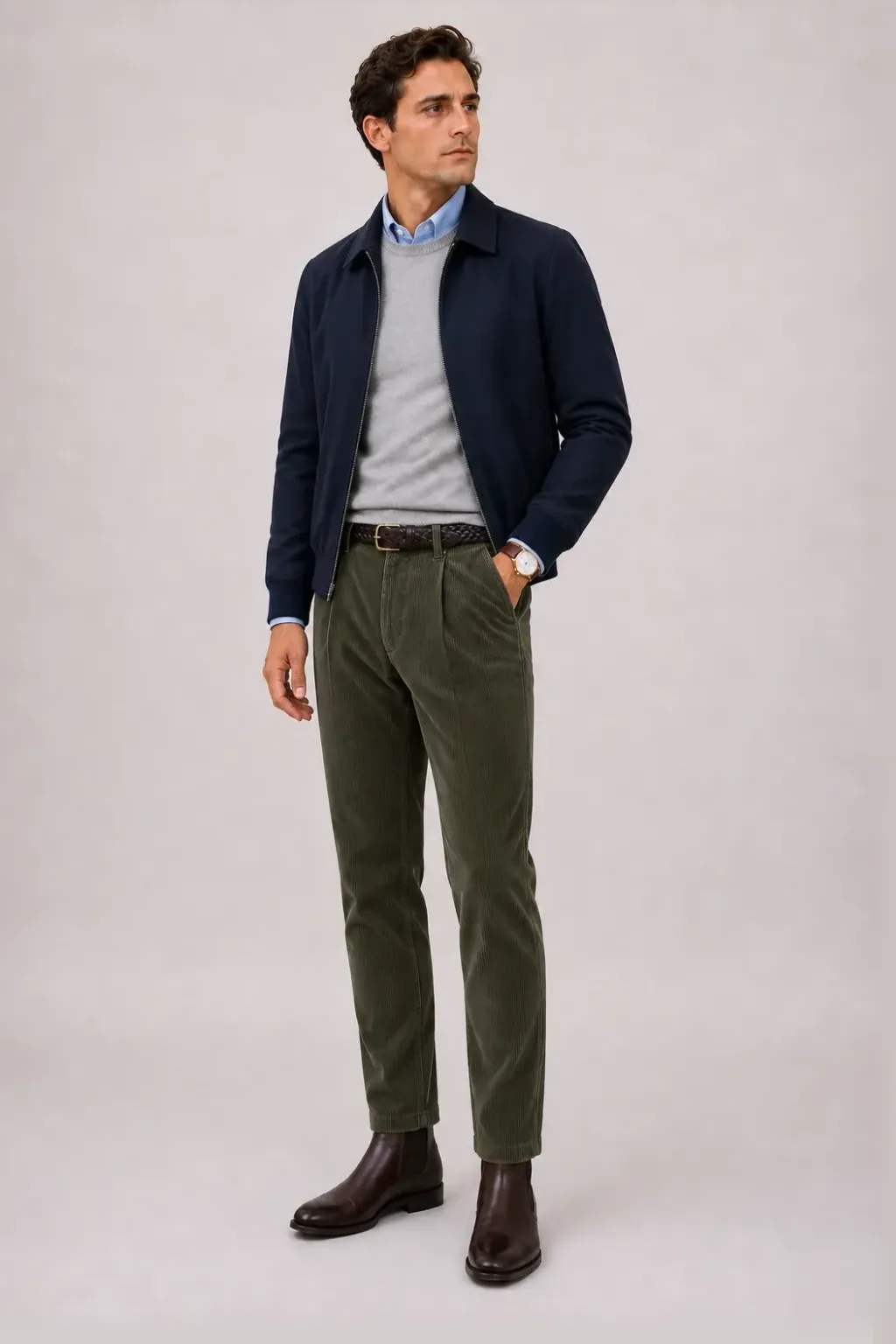 Harrington Blouson Navy über Crewneck-Pullover Feinstrick Hellgrau und Button-Down-Hemd Hellblau, dazu Cordhose Oliv und Chelsea Boot