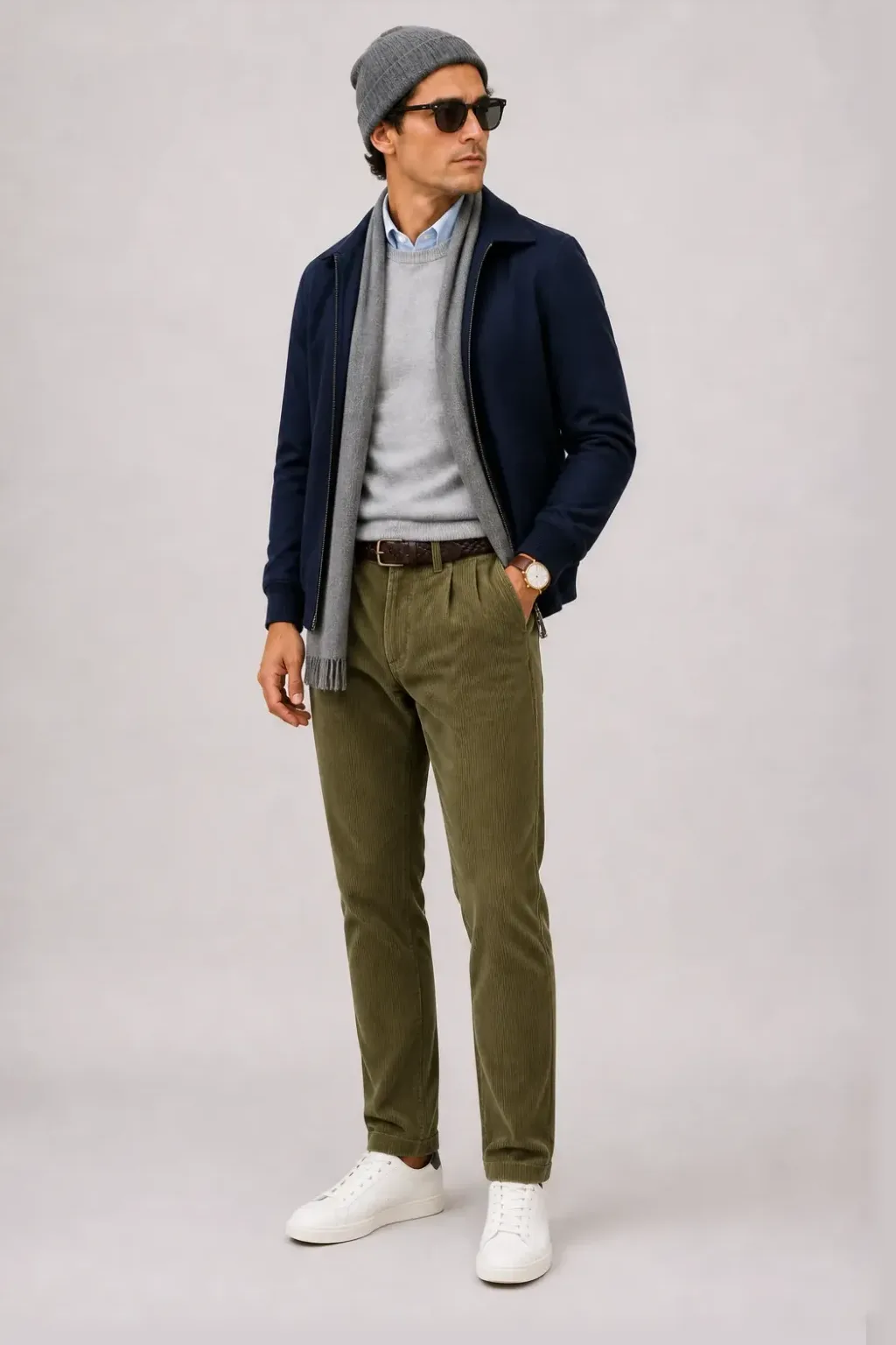 Harrington Blouson Navy über Crewneck-Pullover Feinstrick Hellgrau und Button-Down-Hemd Hellblau, dazu Cordhose Oliv und Chelsea Boot