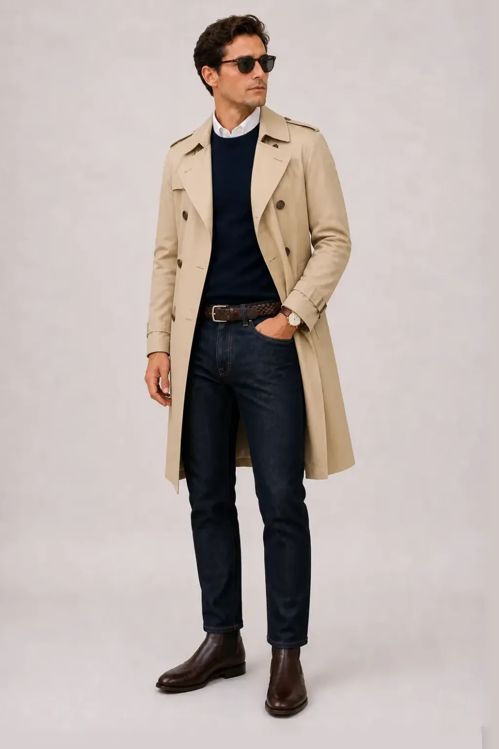 Trenchcoat Beige über Crewneck-Pullover Feinstrick, dazu Jeans Navy und Chelsea Boot