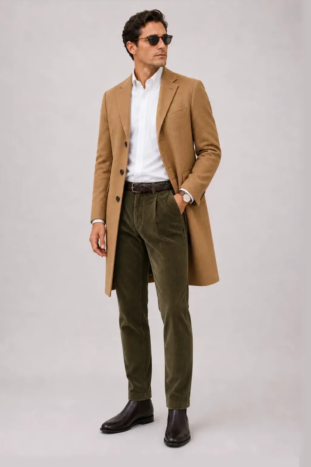 Langer Mantel Camel über Button-Down-Hemd Weiss, dazu Cordhose Oliv und Chelsea Boot