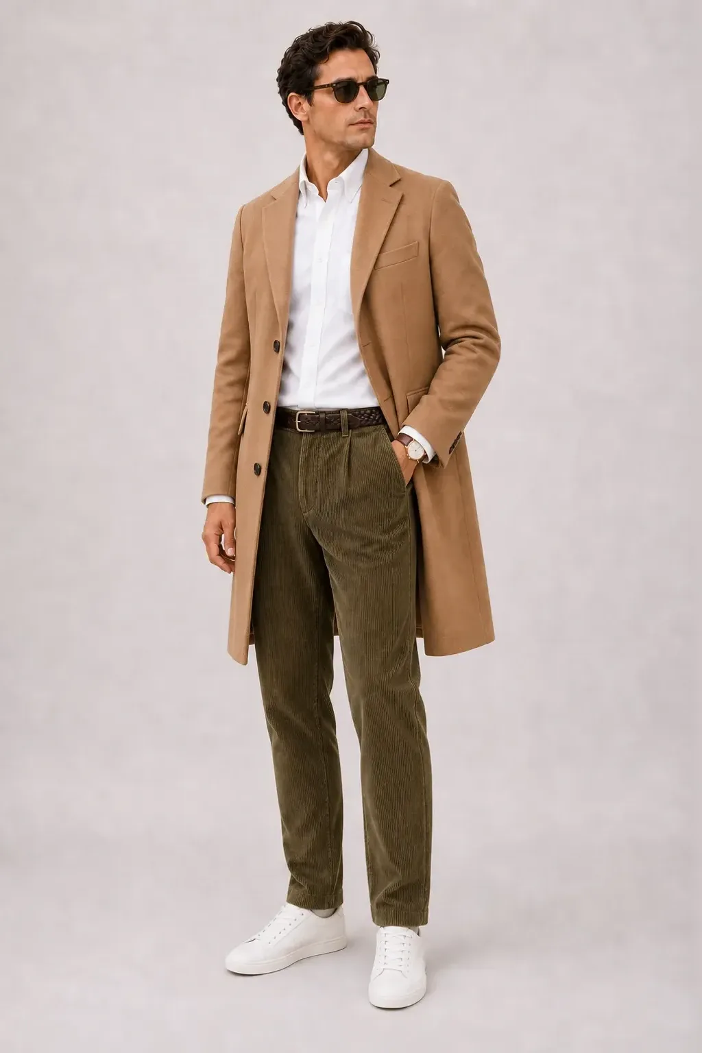 Langer Mantel Camel über Button-Down-Hemd Weiss, dazu Cordhose Oliv und Chelsea Boot