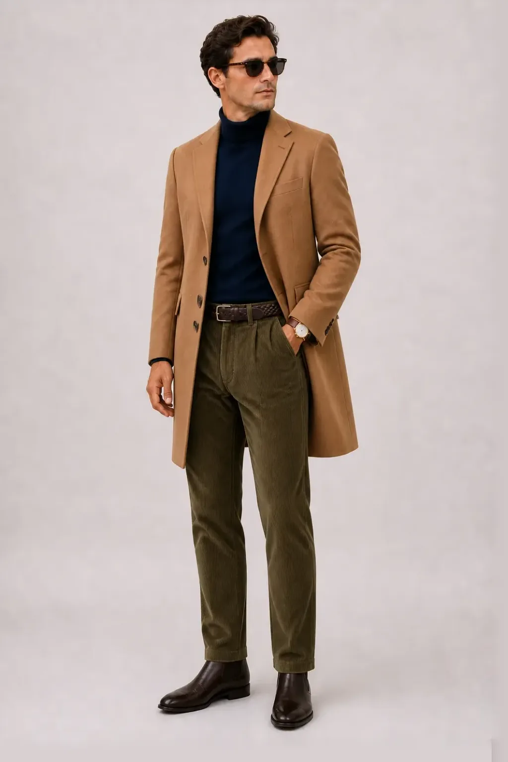Langer Mantel Camel über Rollkragenpullover, dazu Cordhose Oliv und Chelsea Boot