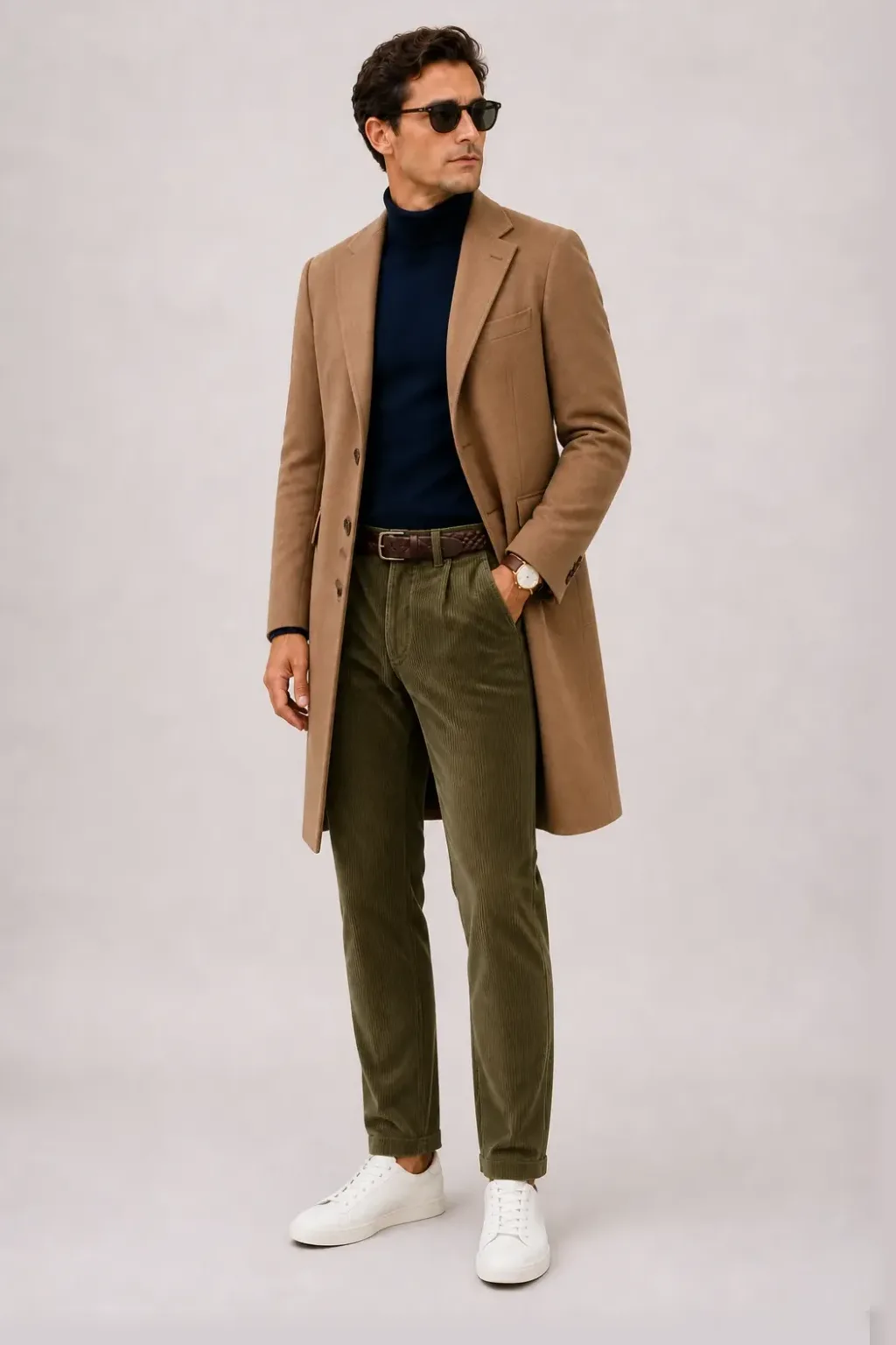 Langer Mantel Camel über Rollkragenpullover, dazu Cordhose Oliv und Chelsea Boot