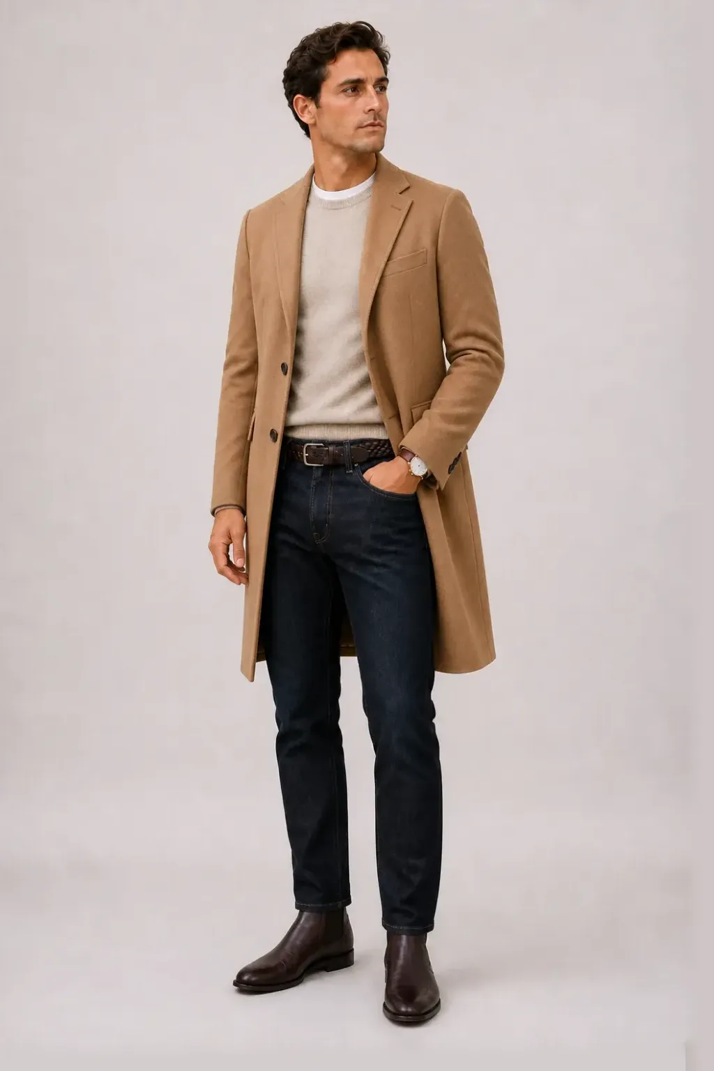 Langer Mantel Camel über Button-Down-Hemd, dazu Jeans Navy und Chelsea Boot — Crewneck-Pullover Feinstrick Beige