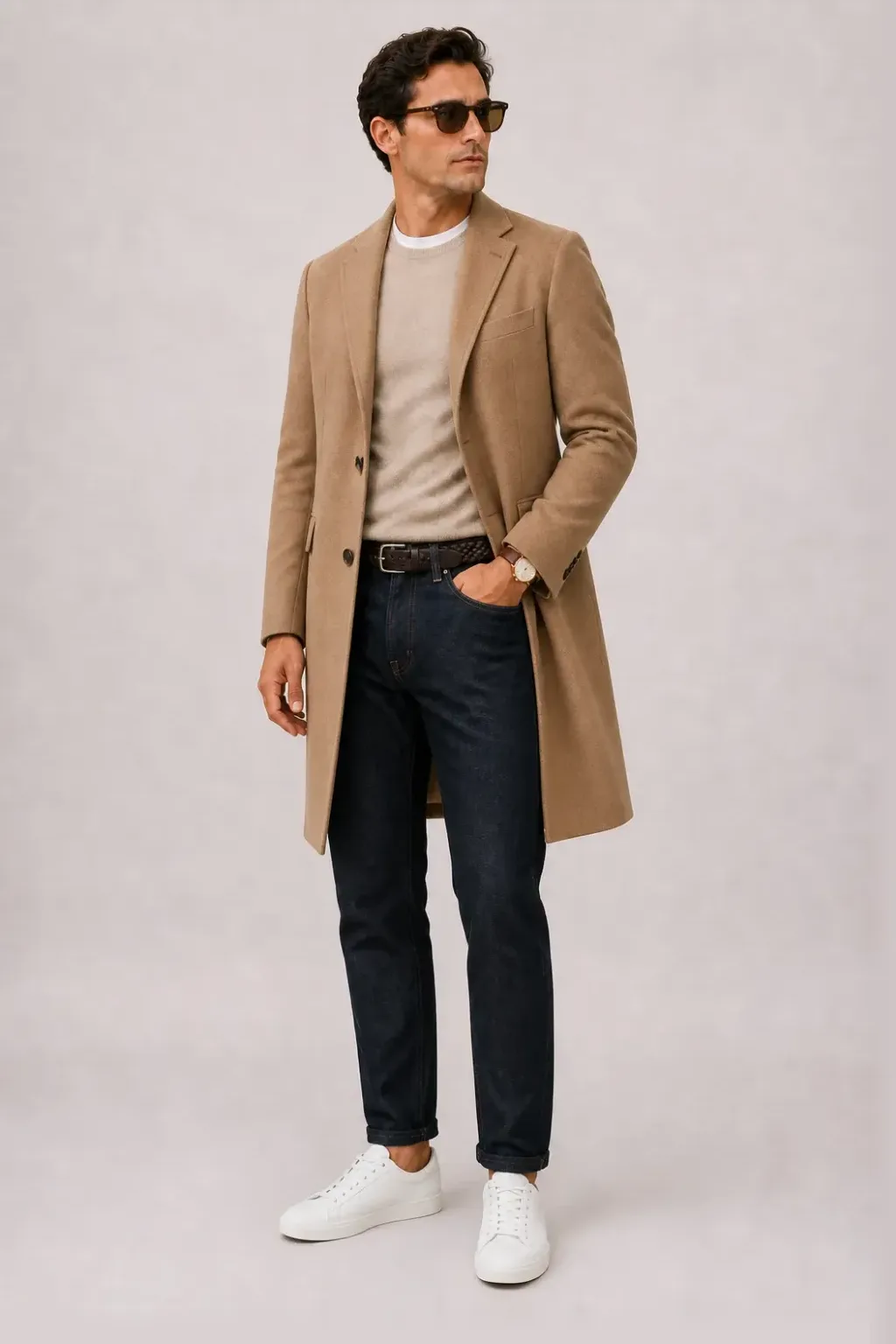 Langer Mantel Camel über Crewneck-Pullover Feinstrick Beige und T-Shirt Weiss, dazu Jeans Navy und Chelsea Boot