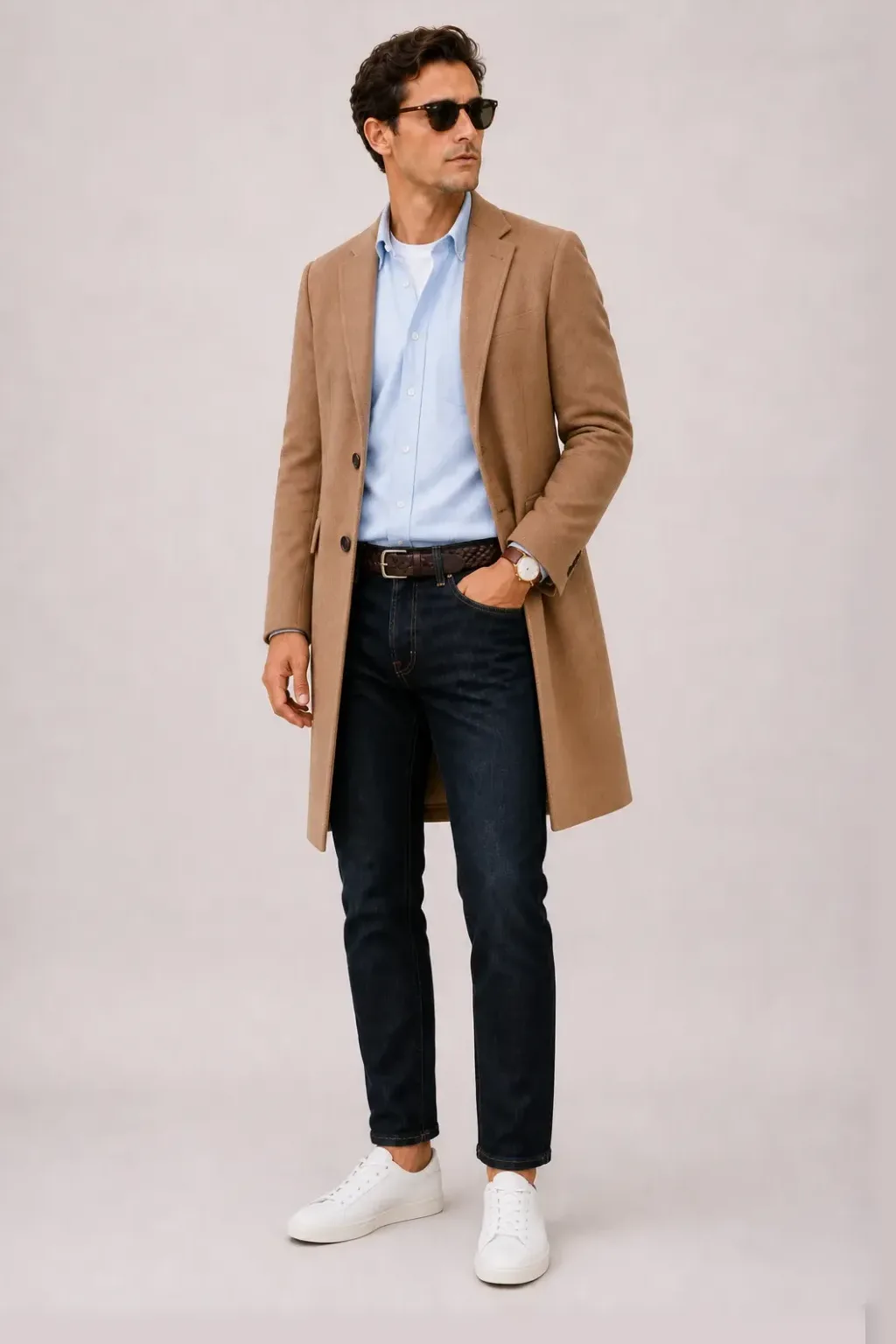 Langer Mantel Camel über Button-Down-Hemd, dazu Jeans Navy und Sneaker