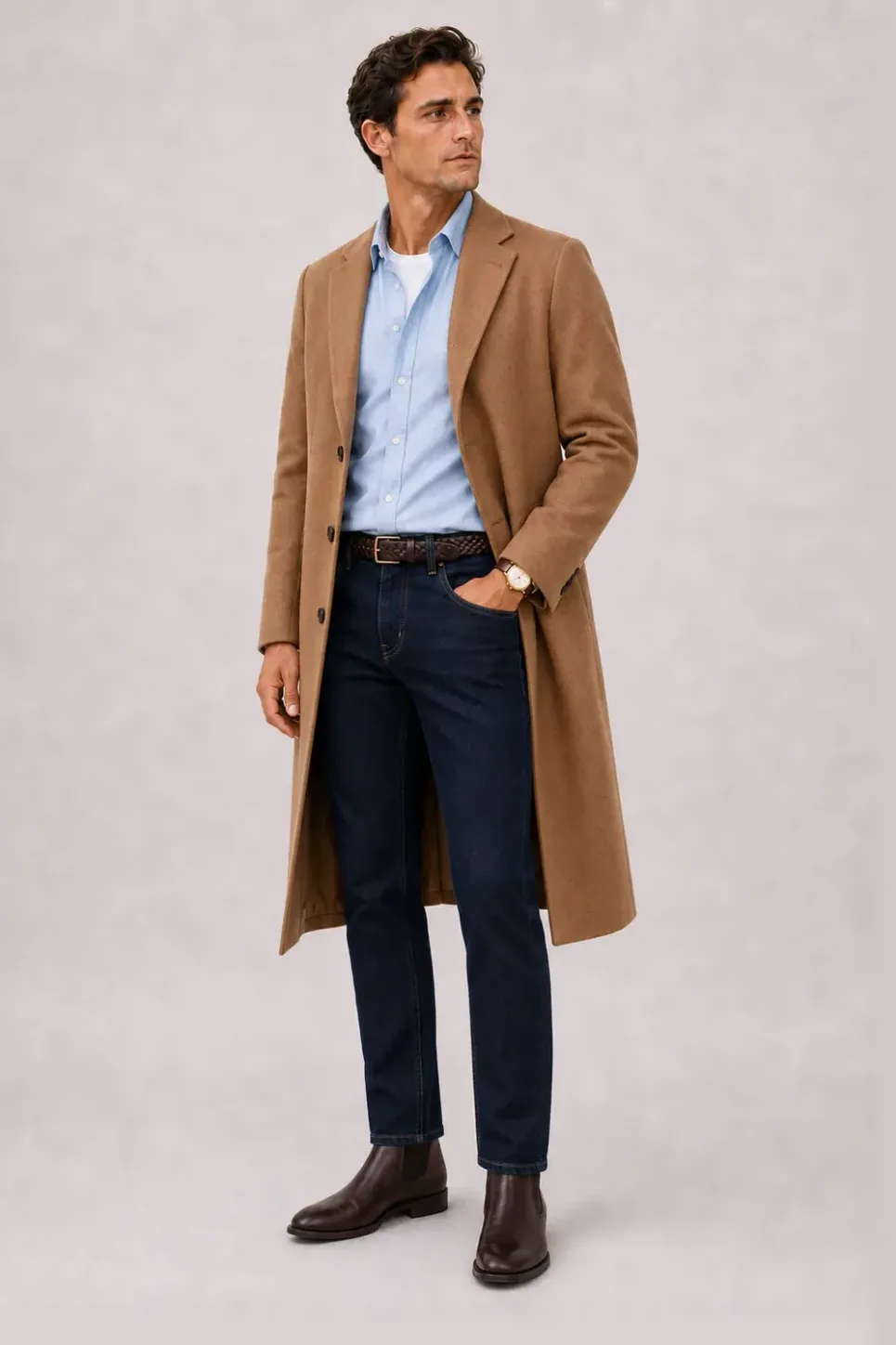 Langer Mantel Camel über Button-Down-Hemd, dazu Jeans Navy und Sneaker
