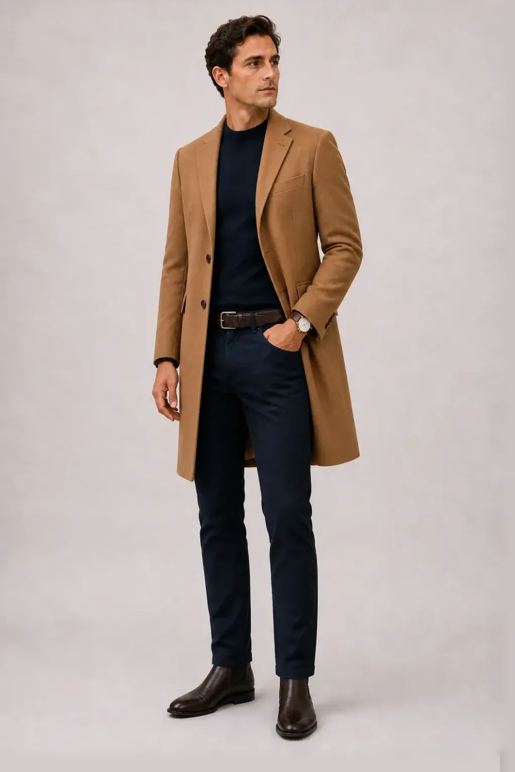 Langer Mantel Camel über Crewneck-Pullover Feinstrick Navy, dazu Chino Navy und Chelsea Boot