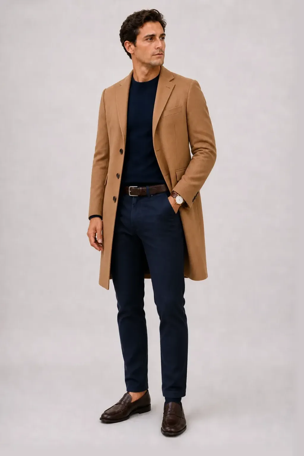 Langer Mantel Camel über Crewneck-Pullover Feinstrick Navy, dazu Chino Navy und Chelsea Boot