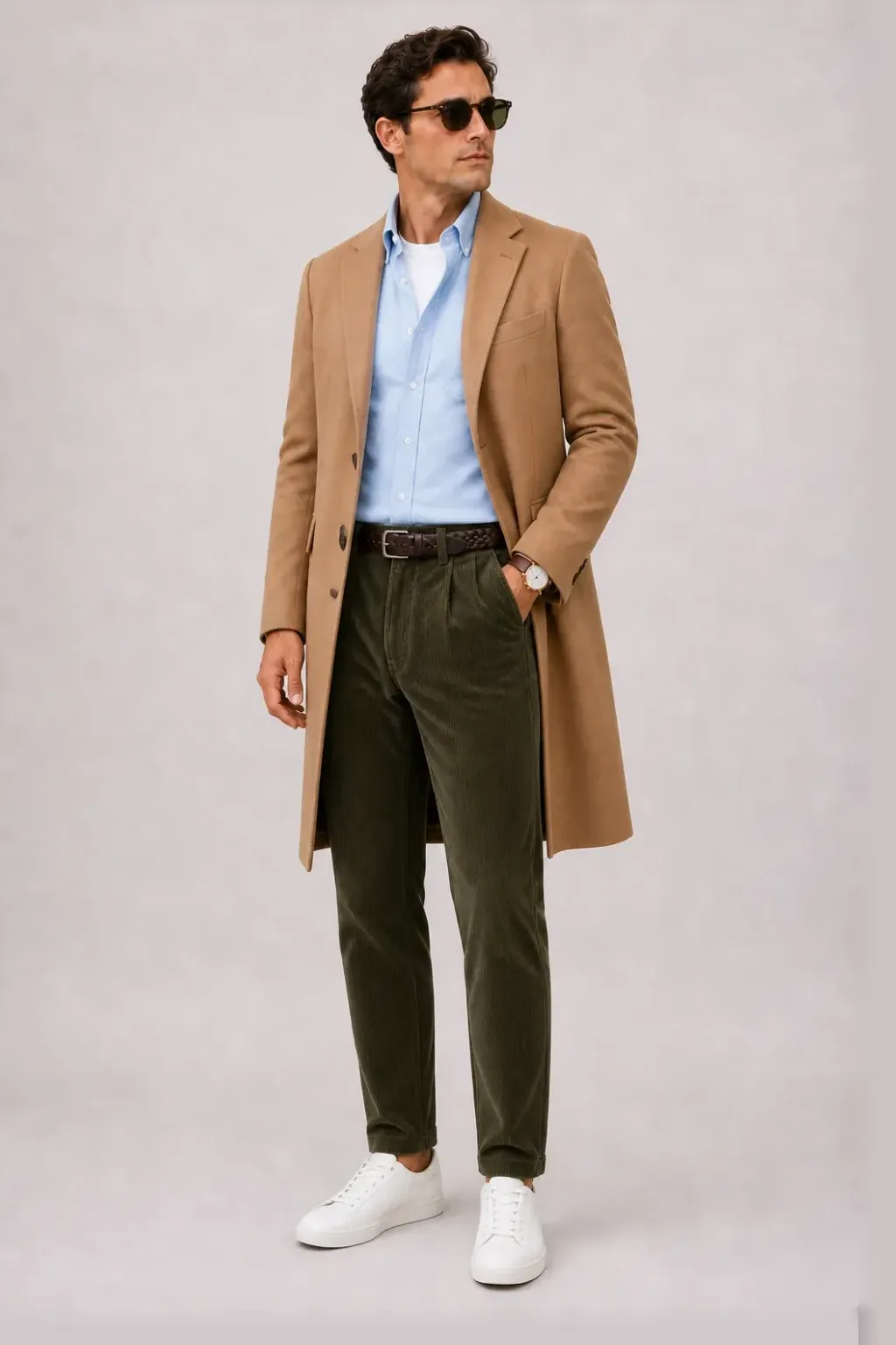 Langer Mantel Camel über Button-Down-Hemd, dazu Cordhose Oliv und Sneaker