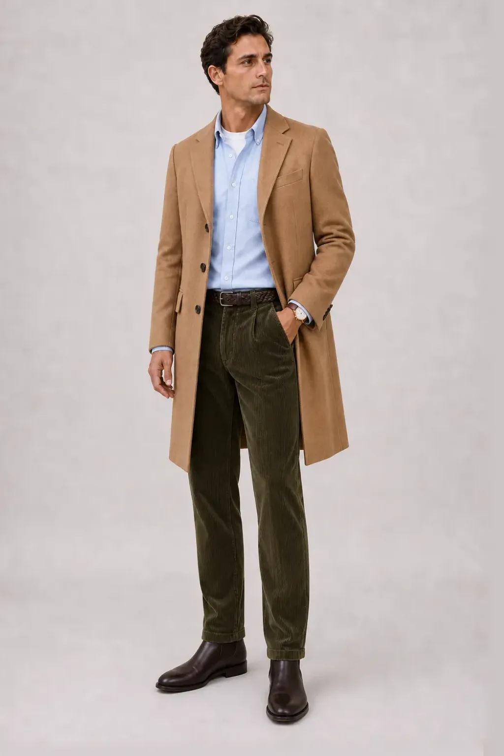 Langer Mantel Camel über Button-Down-Hemd, dazu Cordhose Oliv und Sneaker