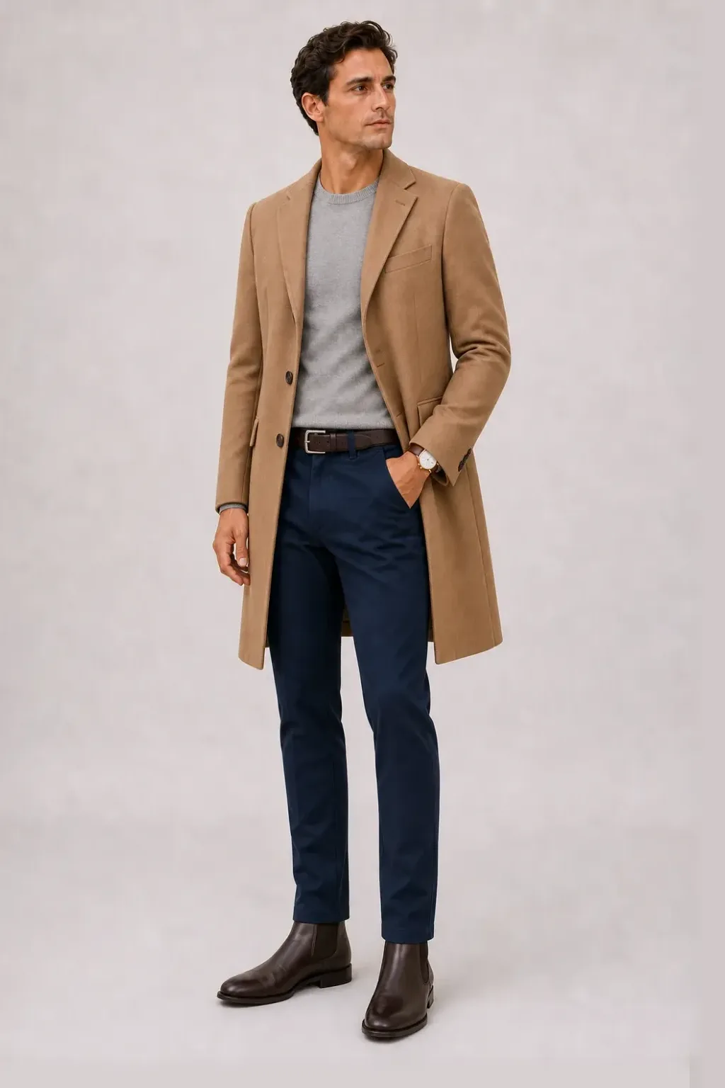 Langer Mantel Camel über Crewneck-Pullover Feinstrick Hellgrau, dazu Chino Navy und Chelsea Boot