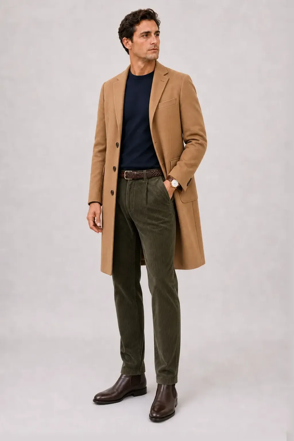 Langer Mantel Camel über T-Shirt Navy, dazu Cordhose Oliv und Chelsea Boot