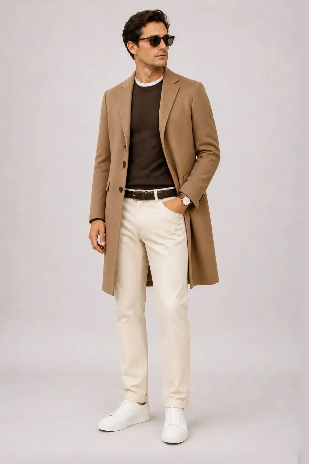 Langer Mantel Camel über Cardigan, dazu Chino Creme und Sneaker — Crewneck-Pullover Feinstrick Schokobraun