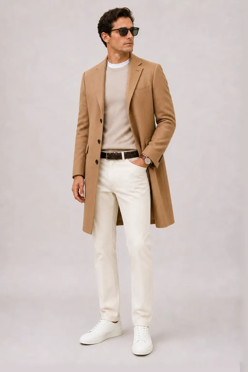 Langer Mantel Camel über Crewneck-Pullover Feinstrick Beige und T-Shirt Weiss, dazu Chino Creme und Sneaker