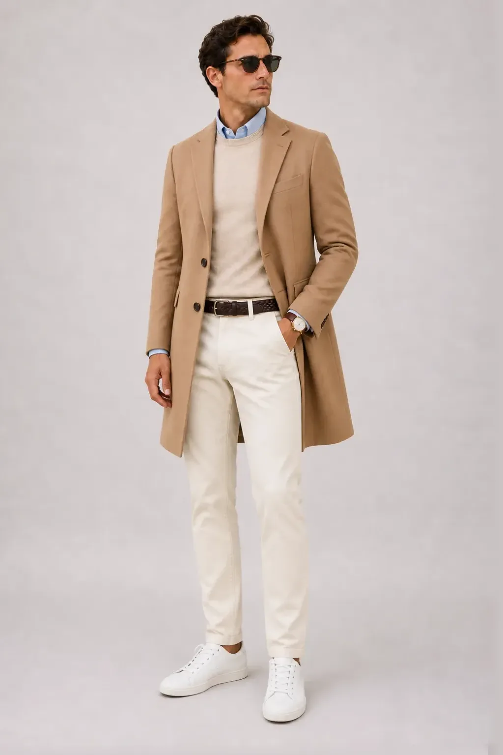 Langer Mantel Camel über Crewneck-Pullover Feinstrick Beige und T-Shirt Weiss, dazu Chino Creme und Sneaker — Button-Down-Hemd Hellblau