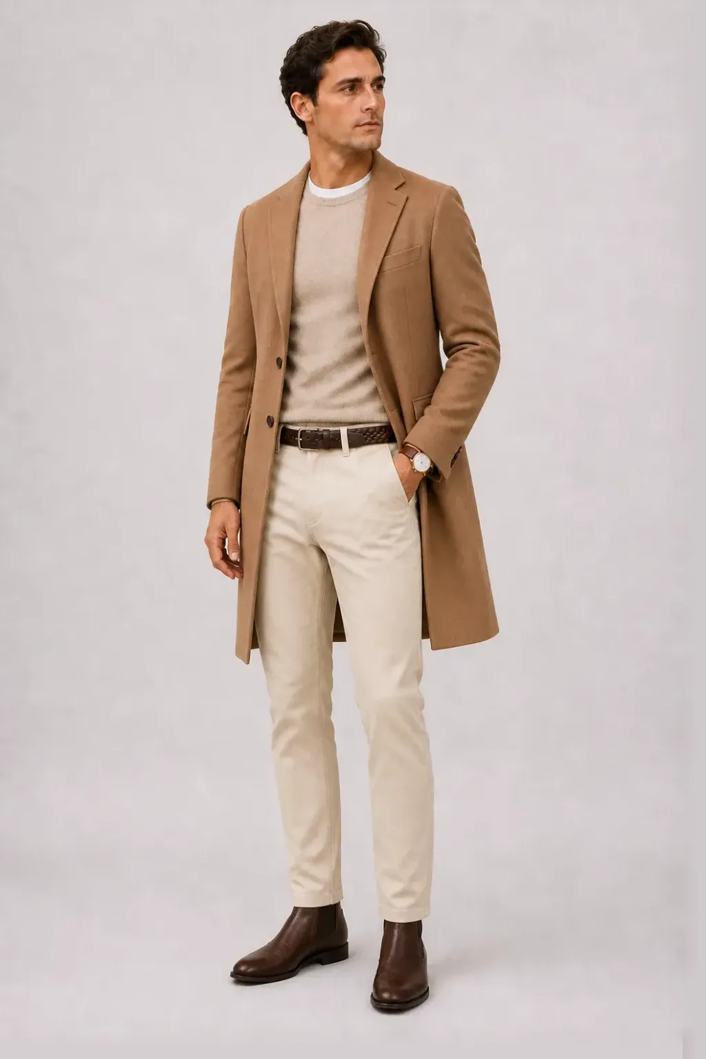 Langer Mantel Camel über Crewneck-Pullover Feinstrick Beige und T-Shirt Weiss, dazu Chino Creme und Sneaker