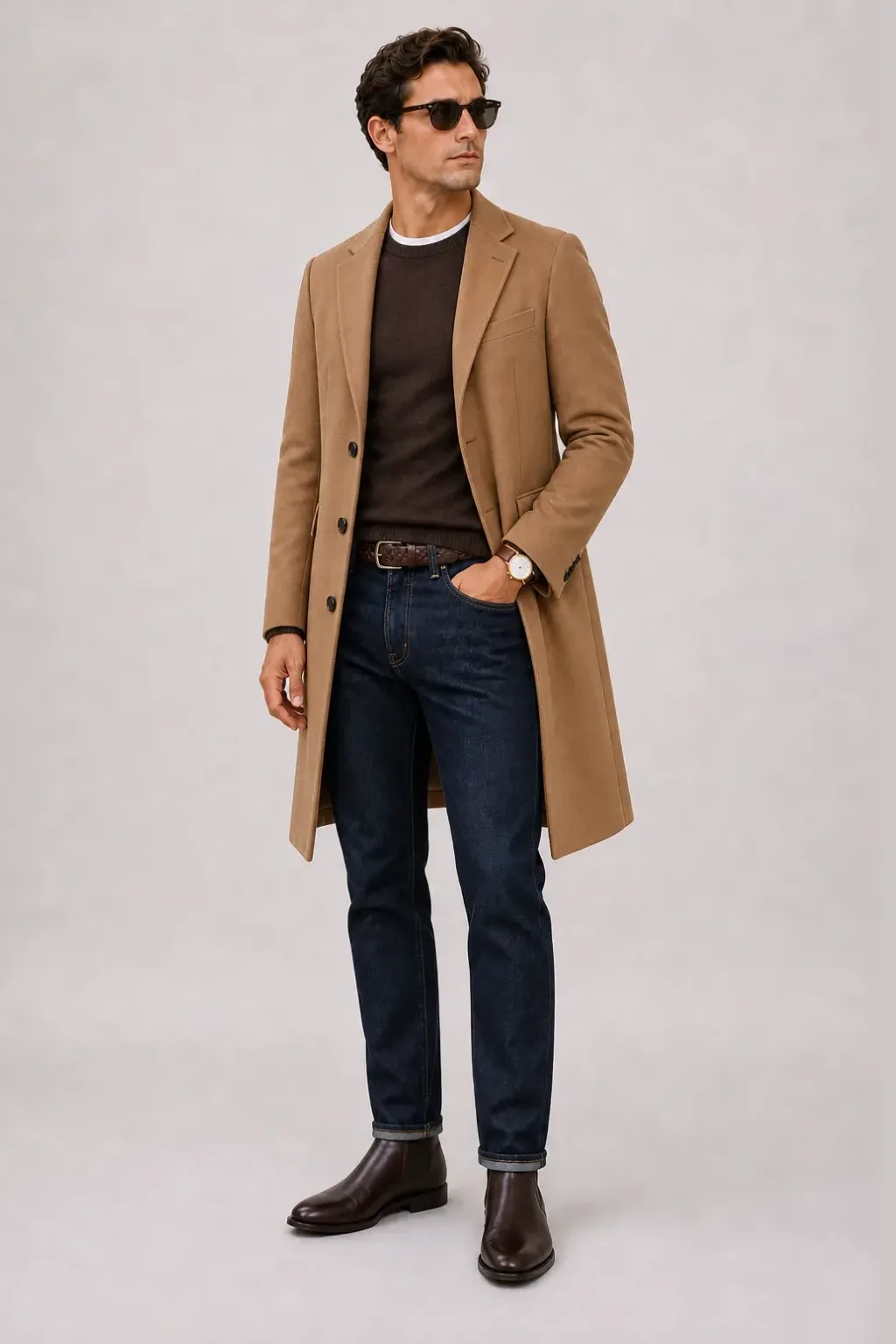 Langer Mantel Camel über Button-Down-Hemd, dazu Jeans Navy und Chelsea Boot — Crewneck-Pullover Feinstrick Schokobraun