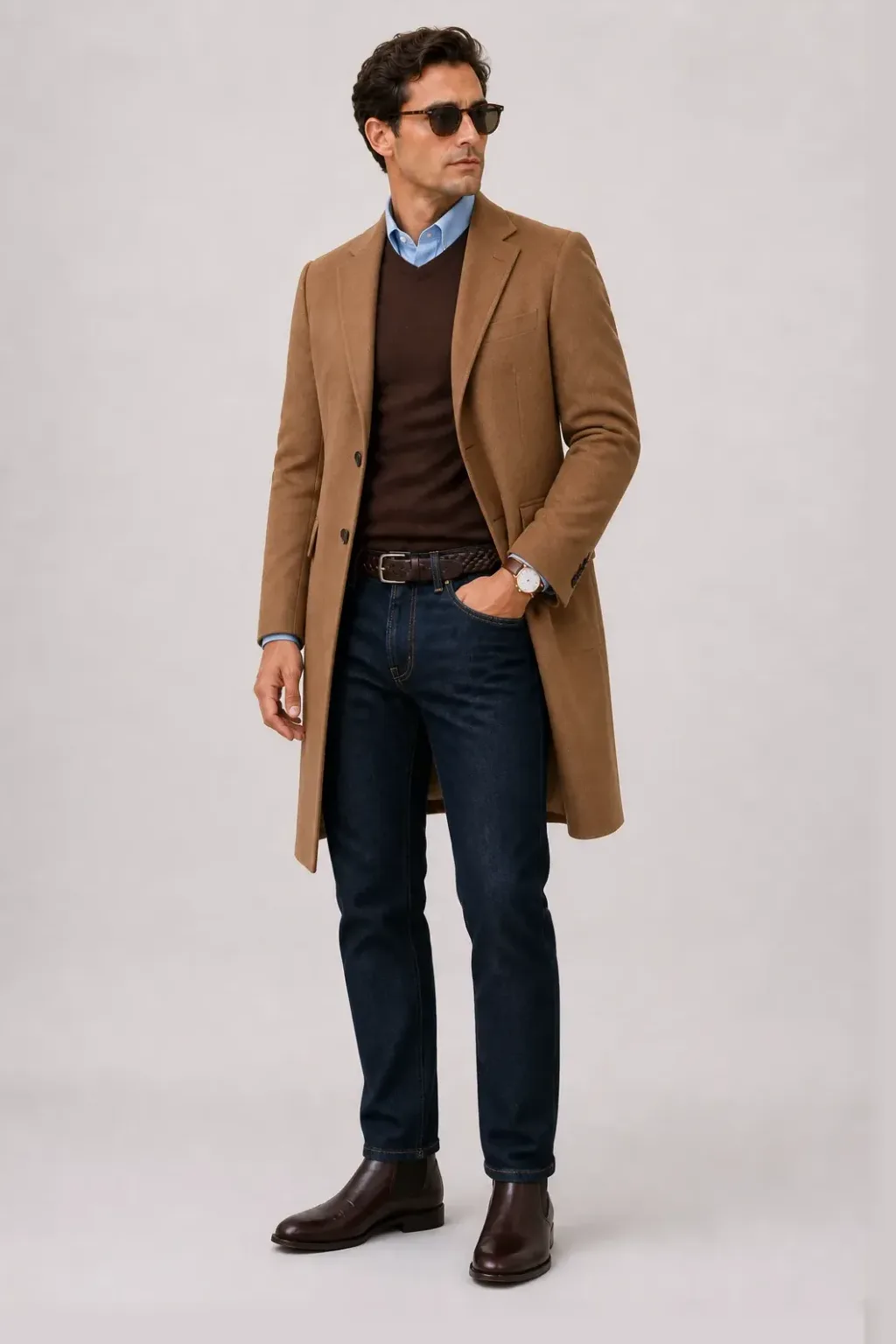 Langer Mantel Camel über Crewneck-Pullover Feinstrick Schokobraun und T-Shirt Weiss, dazu Jeans Navy und Chelsea Boot — Button-Down-Hemd Hellblau