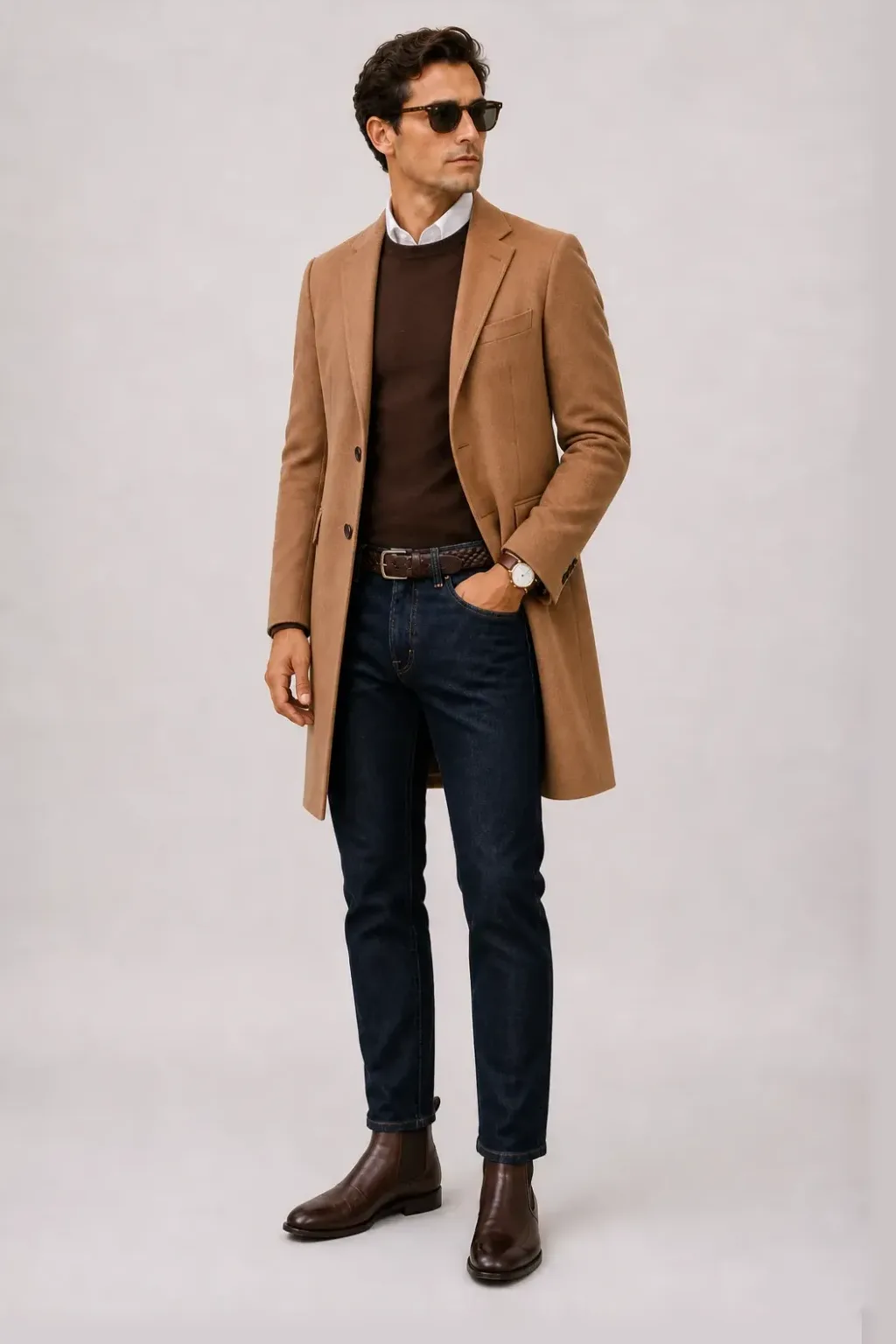 Langer Mantel Camel über Crewneck-Pullover Feinstrick Schokobraun und T-Shirt Weiss, dazu Jeans Navy und Chelsea Boot — Button-Down-Hemd Weiss