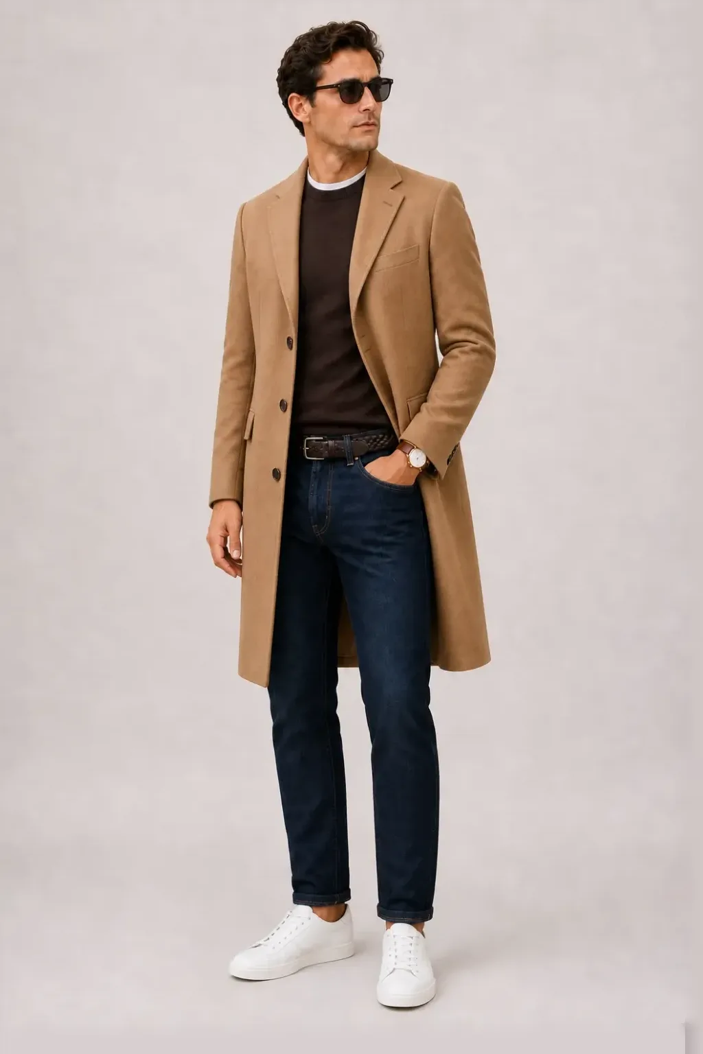 Langer Mantel Camel über Crewneck-Pullover Feinstrick Schokobraun und T-Shirt Weiss, dazu Jeans Navy und Chelsea Boot