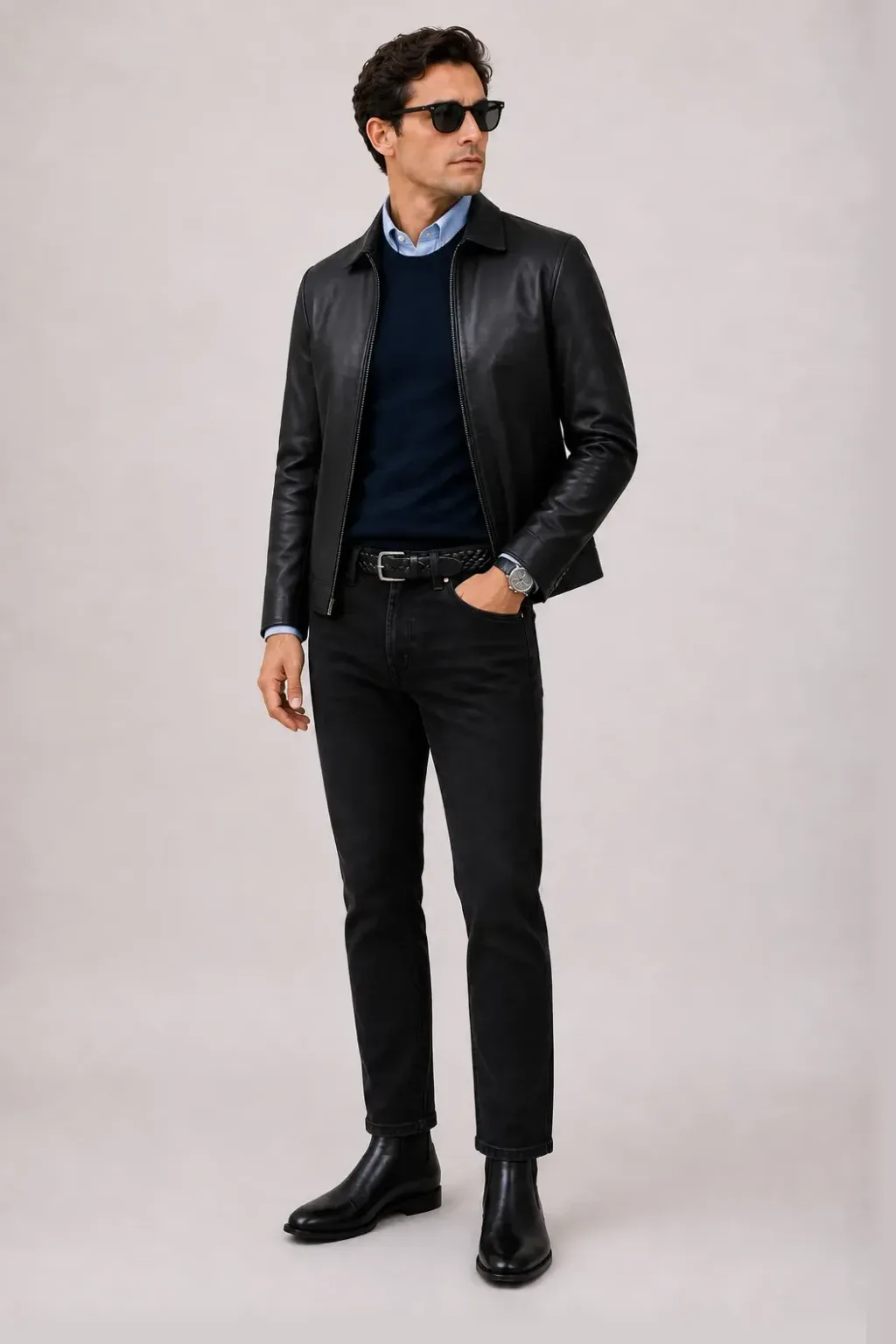 Lederjacke Schwarz über T-Shirt Hellgrau, dazu Jeans Schwarz und Chelsea Boot — Crewneck-Pullover Feinstrick Navy