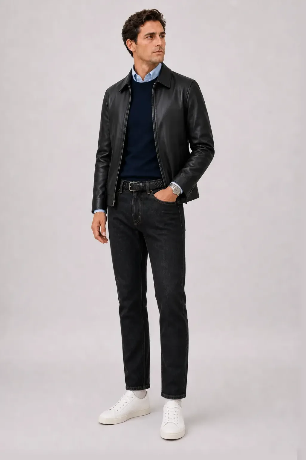 Lederjacke Schwarz über Crewneck-Pullover Feinstrick Navy und Button-Down-Hemd Hellblau, dazu Jeans Schwarz und Chelsea Boot