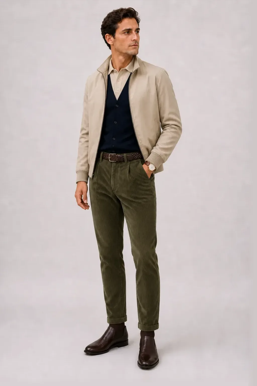 Harrington Blouson Beige über Cardigan Navy und Strickpolo Beige, dazu Cordhose Oliv und Chelsea Boot